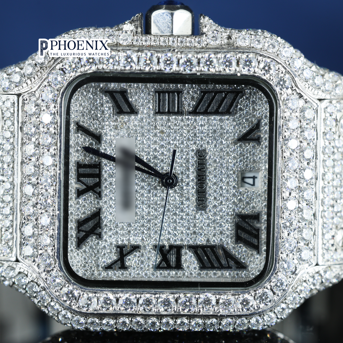 Cartier Santos Fully Iced Out White Roman Dial Block Link Strap Moissanite Watch