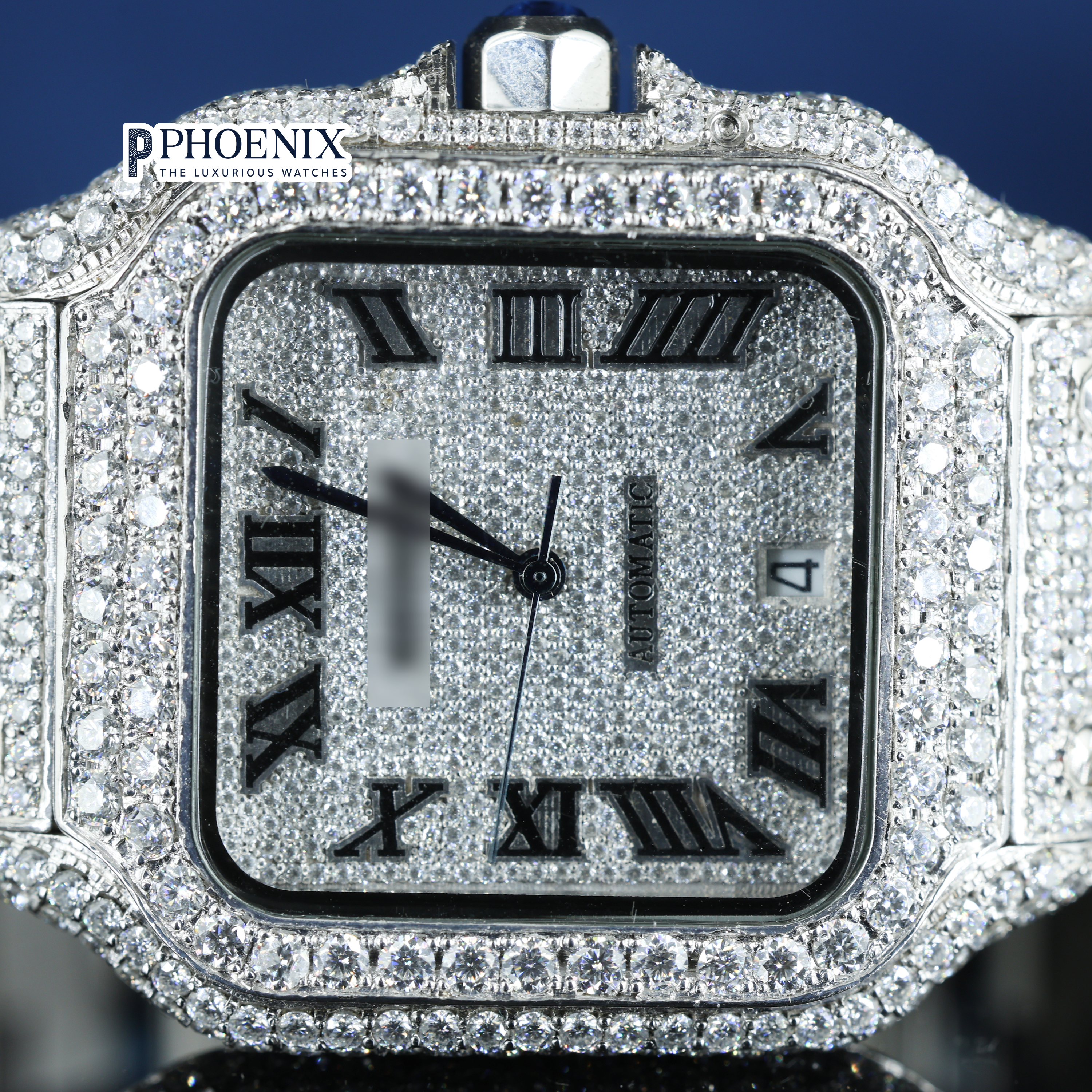 Cartier Santos Fully Iced Out White Roman Dial Block Link Strap Moissanite Watch