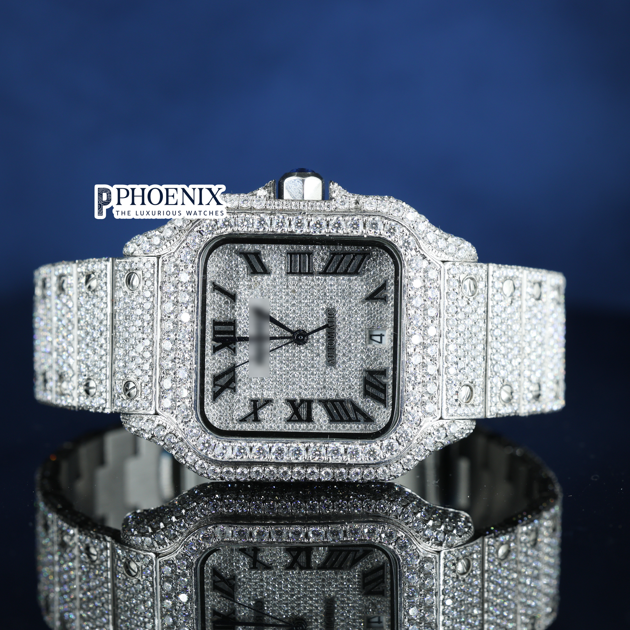 Cartier Santos Fully Iced Out White Roman Dial Block Link Strap Moissanite Watch