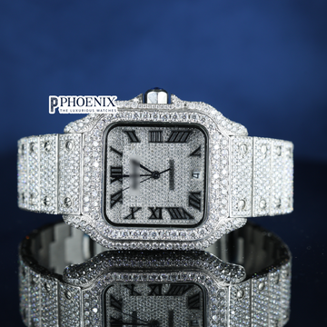 Cartier Santos Fully Iced Out White Roman Dial Block Link Strap Moissanite Watch