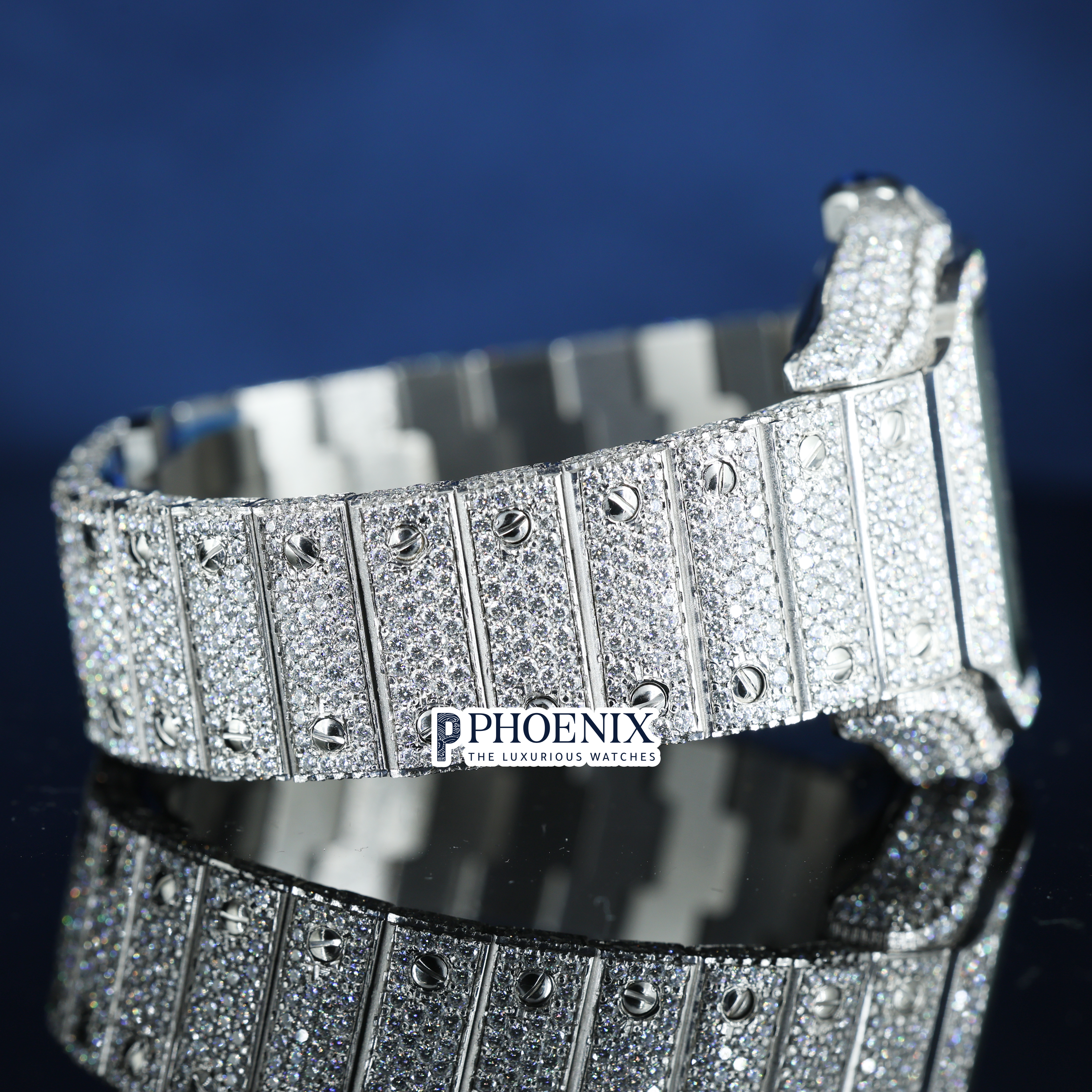 Cartier Santos Fully Iced Out White Roman Dial Block Link Strap Moissanite Watch