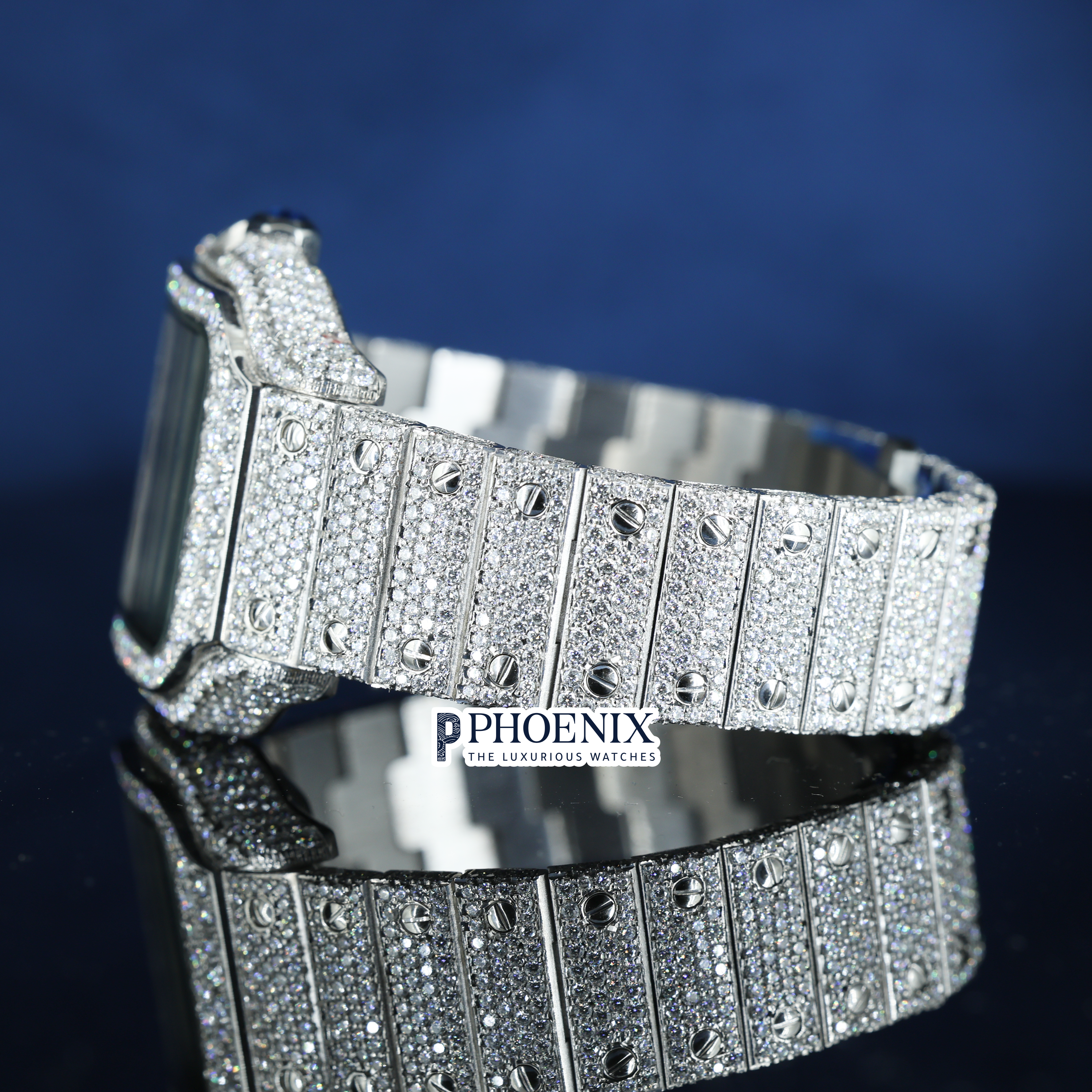 Cartier Santos Fully Iced Out White Roman Dial Block Link Strap Moissanite Watch