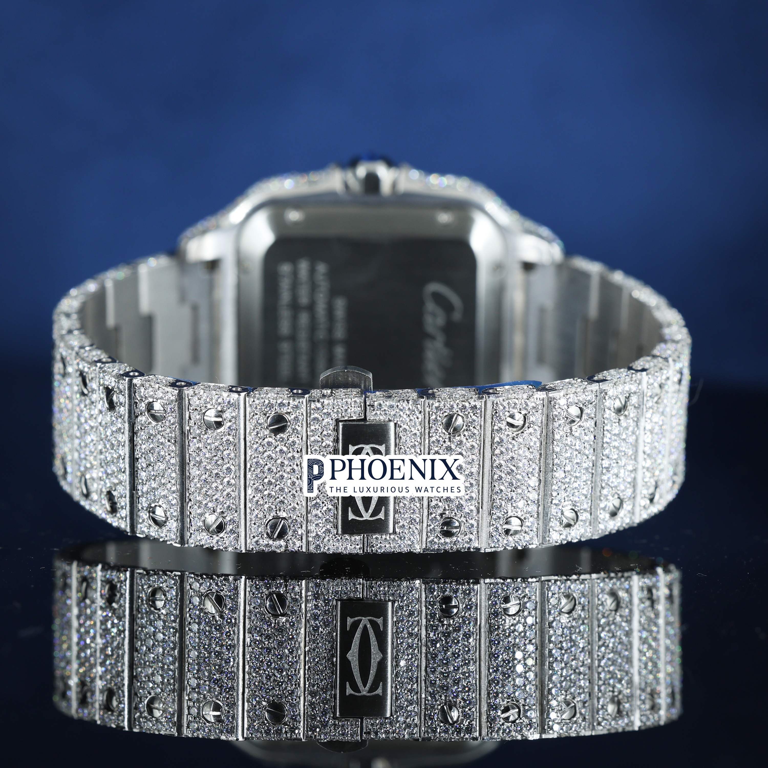 Cartier Santos Fully Iced Out White Roman Dial Block Link Strap Moissanite Watch