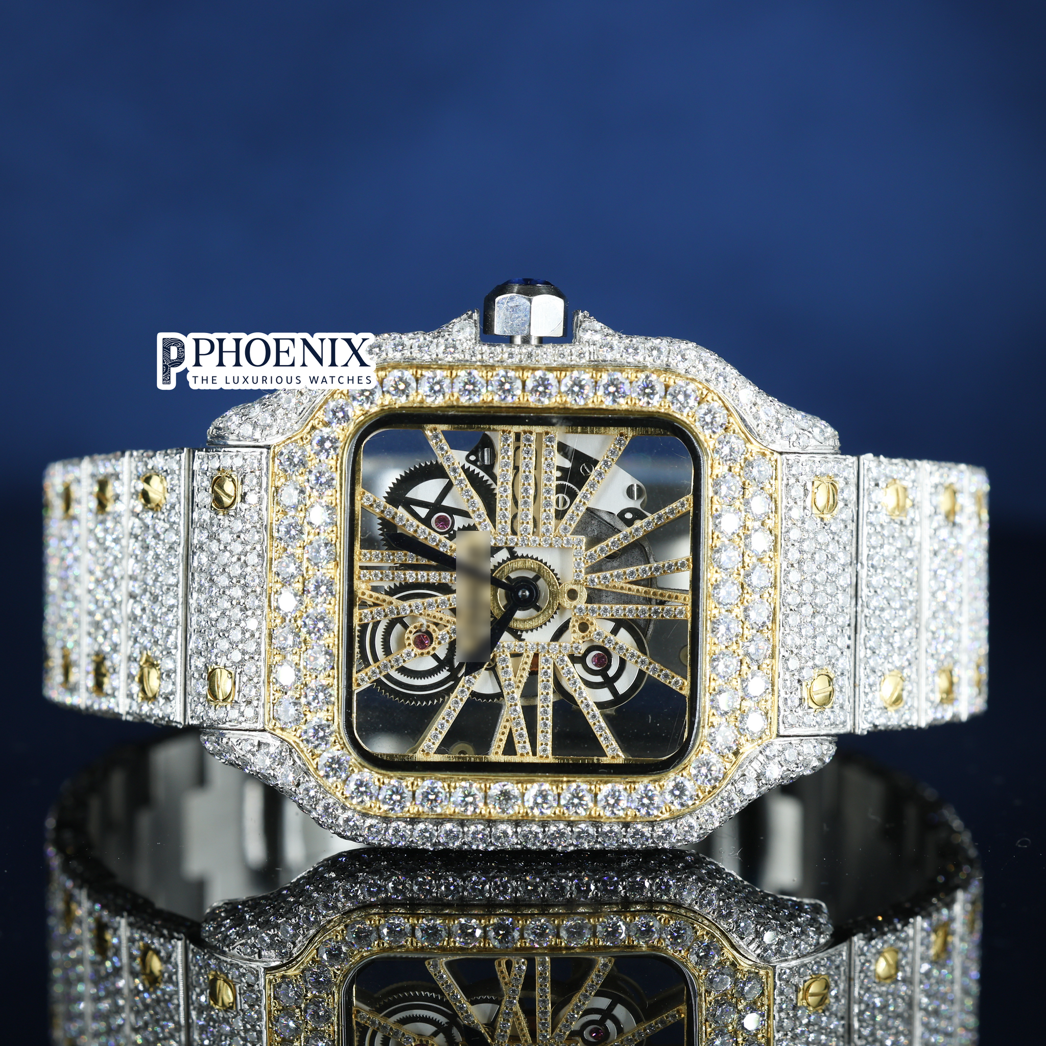 Cartier Santos Fully Iced Out Dual Tone Yellow Gold And White Gold Roman Dial Block Link Strap Moissanite Diamond Watch