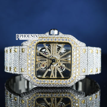 Cartier Santos Fully Iced Out Dual Tone Yellow Gold And White Gold Roman Dial Block Link Strap Moissanite Diamond Watch