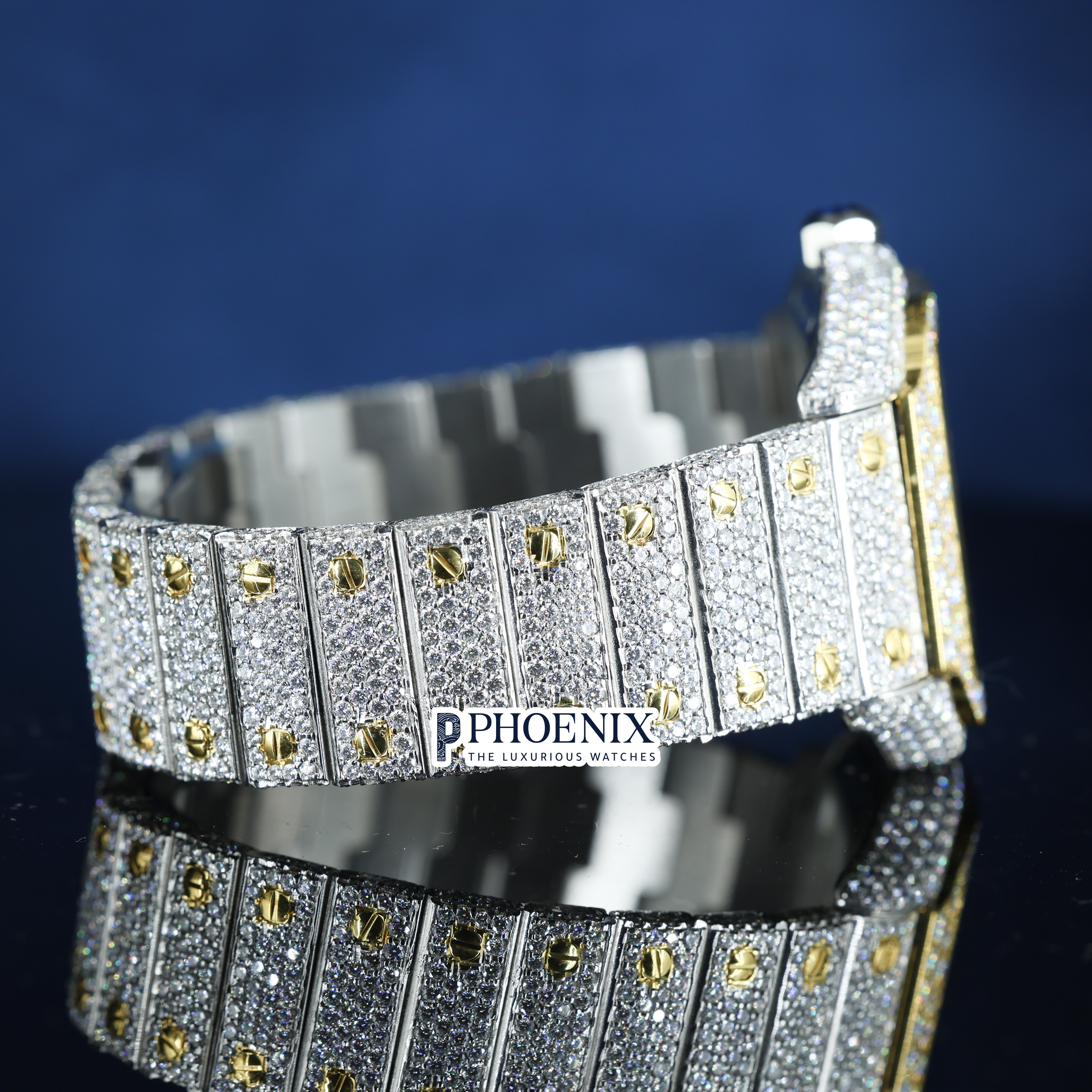 Cartier Santos Fully Iced Out Dual Tone Yellow Gold And White Gold Roman Dial Block Link Strap Moissanite Diamond Watch