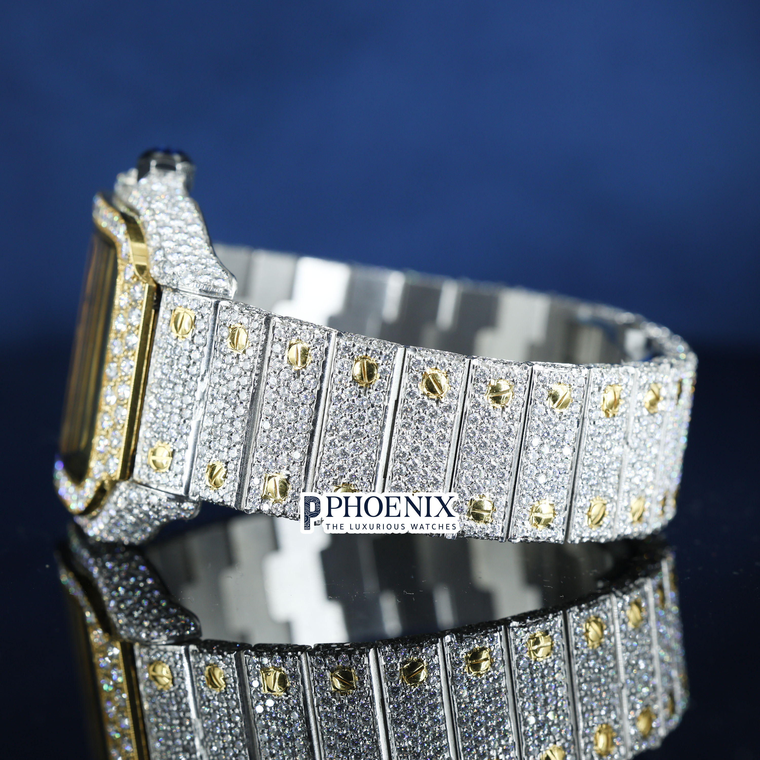 Cartier Santos Fully Iced Out Dual Tone Yellow Gold And White Gold Roman Dial Block Link Strap Moissanite Diamond Watch