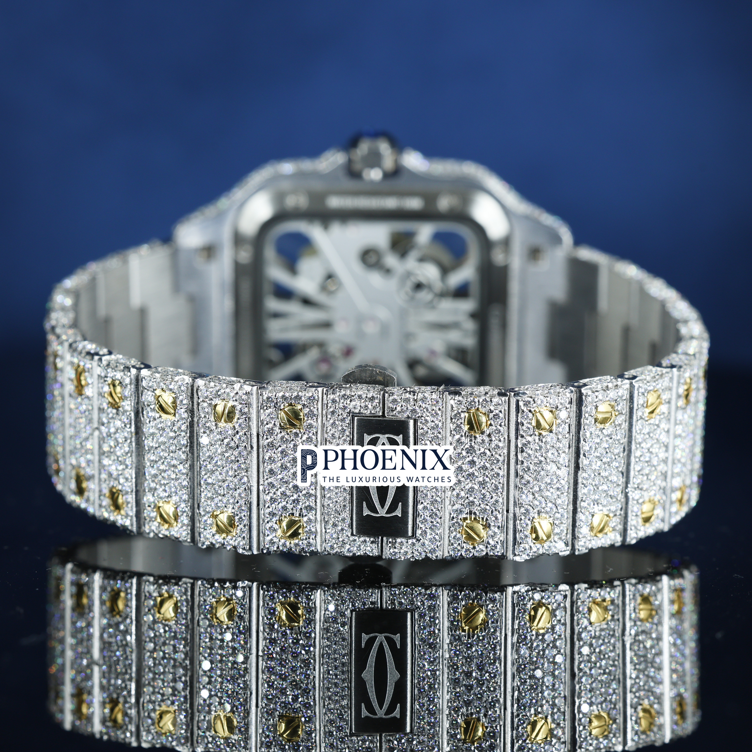 Cartier Santos Fully Iced Out Dual Tone Yellow Gold And White Gold Roman Dial Block Link Strap Moissanite Diamond Watch