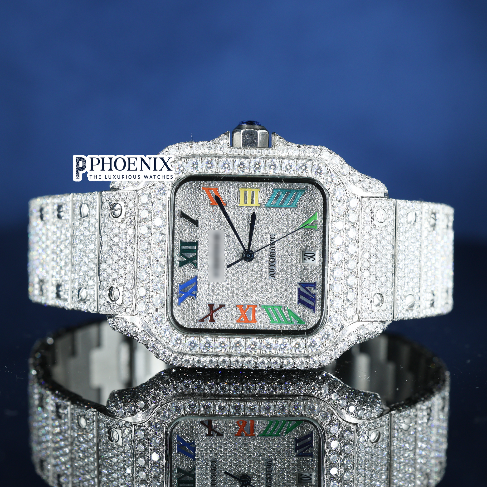 Cartier Fully Iced Out Rainbow Roman Numerals Dial Premium Mossainite Diamond Watch