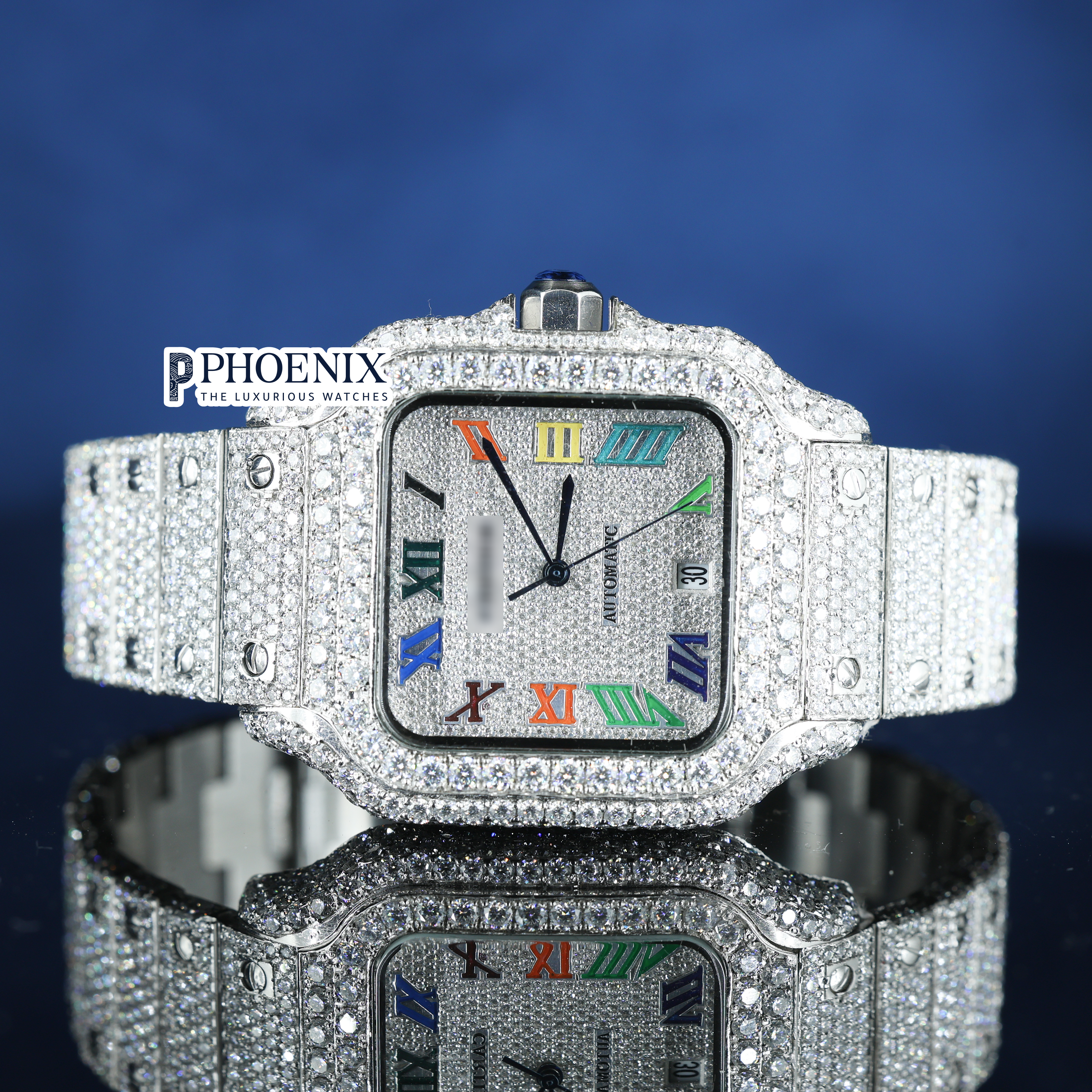 Cartier Fully Iced Out Rainbow Roman Numerals Dial Premium Mossainite Diamond Watch
