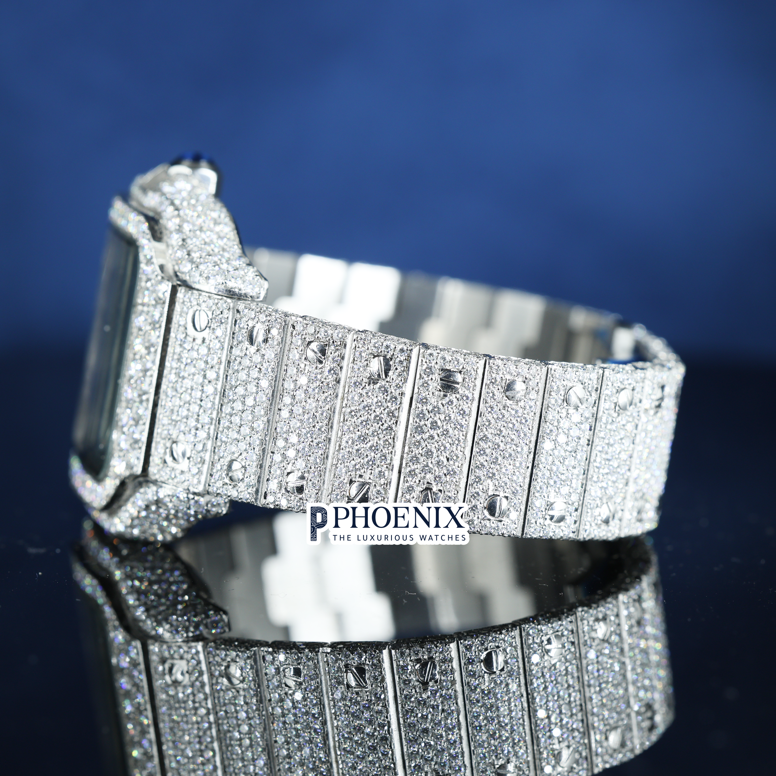 Cartier Fully Iced Out Rainbow Roman Numerals Dial Premium Mossainite Diamond Watch