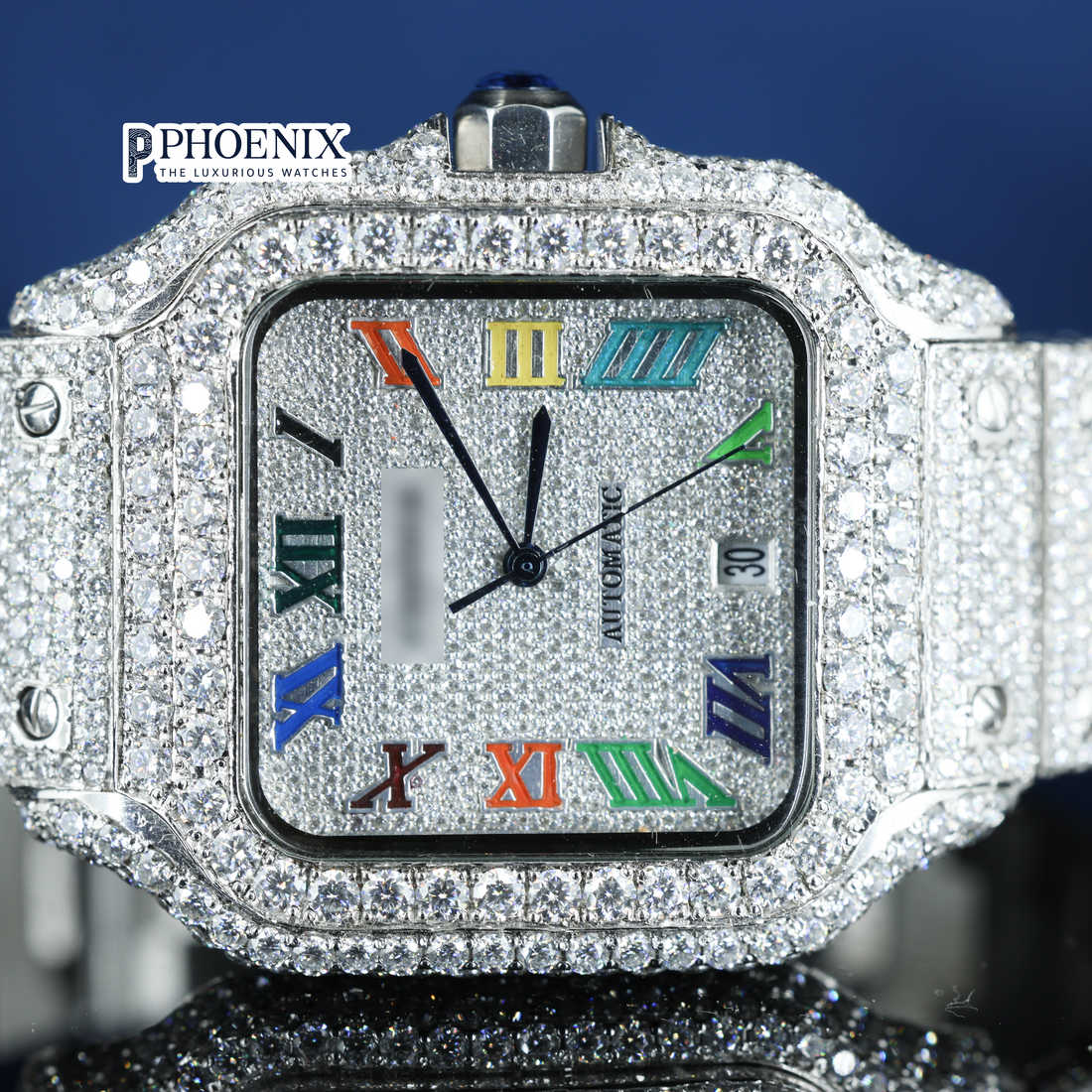Cartier Fully Iced Out Rainbow Roman Numerals Dial Premium Mossainite Diamond Watch