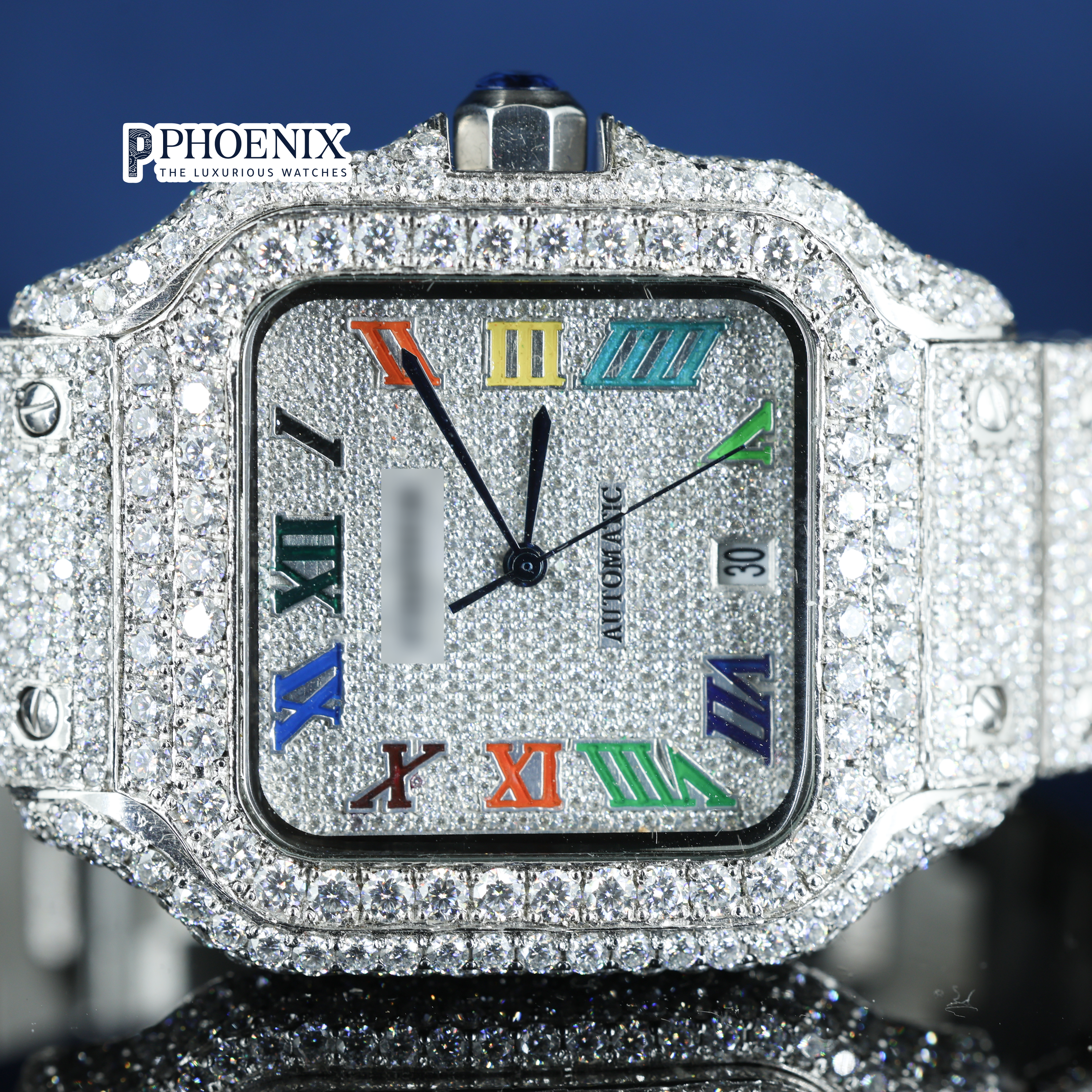 Cartier Fully Iced Out Rainbow Roman Numerals Dial Premium Mossainite Diamond Watch