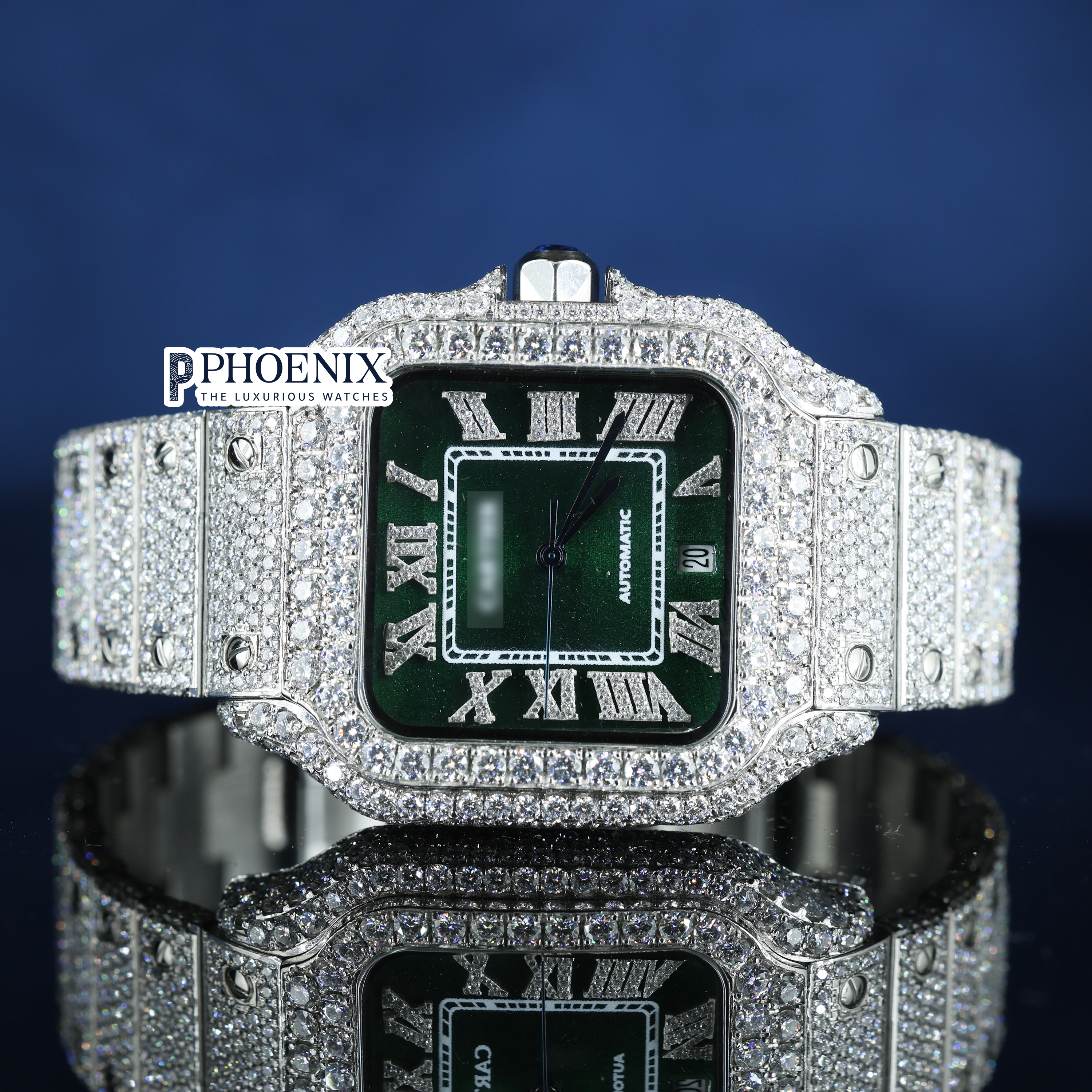 Cartier Fully Iced Out Green Dial White Roman Numerals Full Iced Out Moissanite Watch