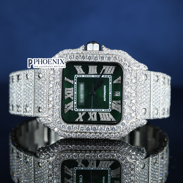 Cartier Fully Iced Out Green Dial White Roman Numerals Full Iced Out Moissanite Watch