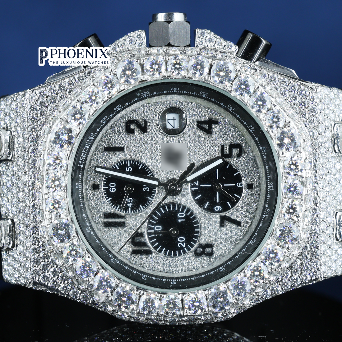 AP Iced Out Bezel Black Dial Rubber Strap Moissanite Diamond Watch