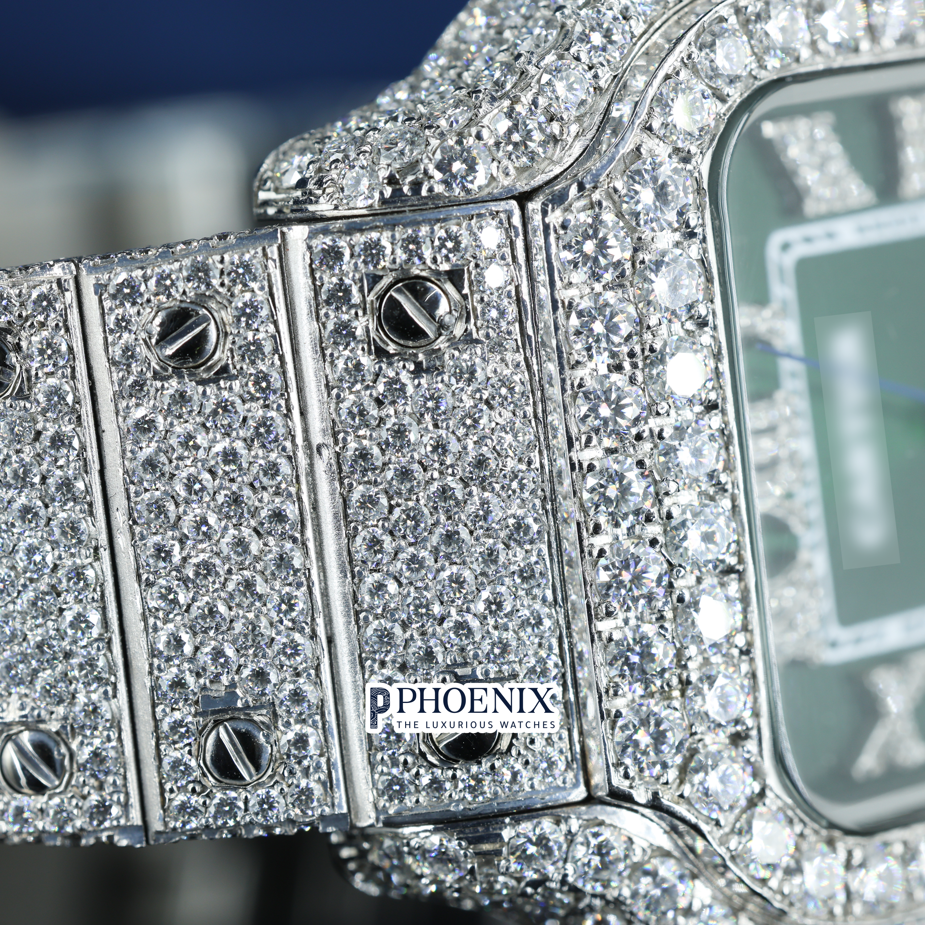 Cartier Fully Iced Out Green Dial White Roman Numerals Full Iced Out Moissanite Watch