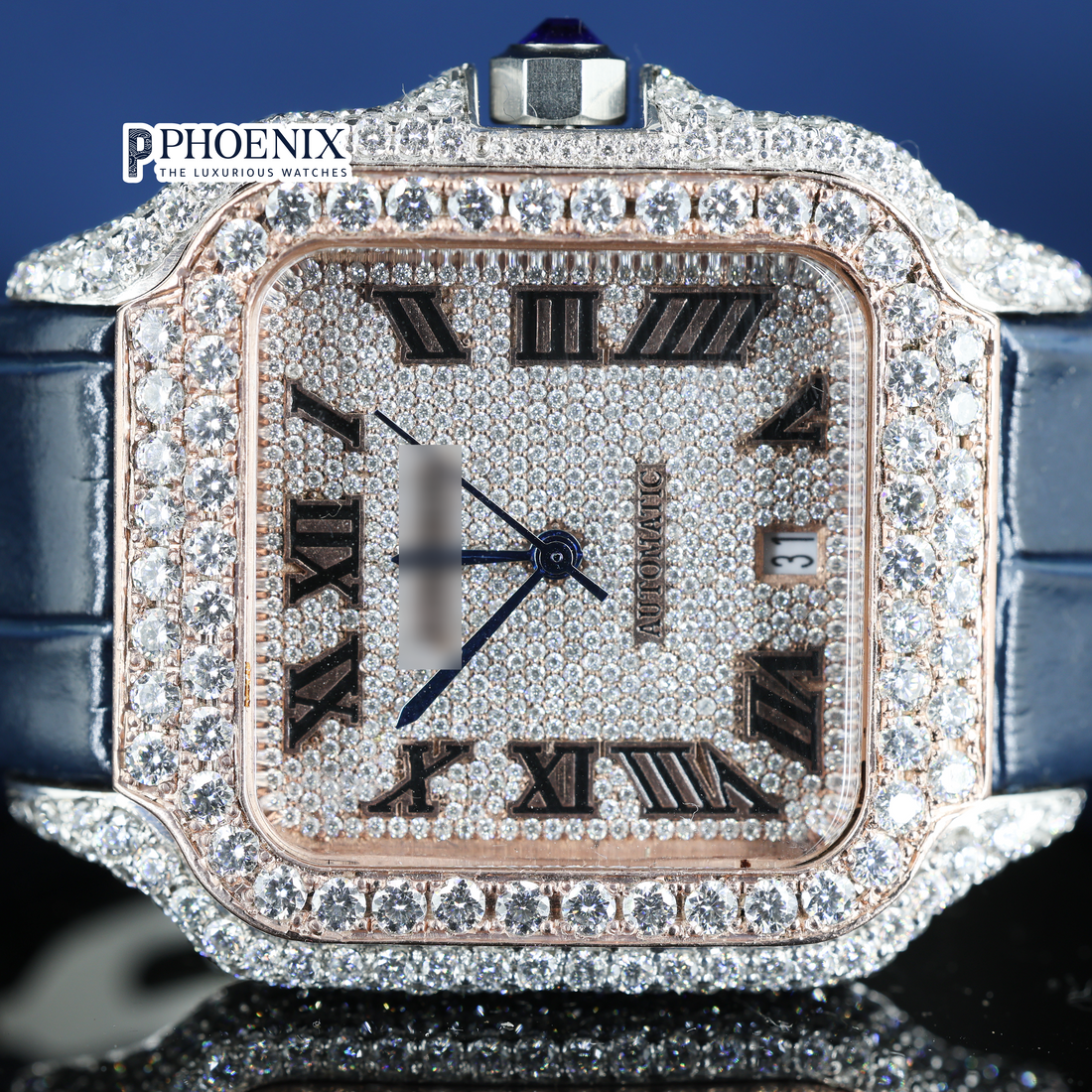 Cartier Semi Iced Out Diamond Roman Dial Rose Gold Mossainite Diamond Watch