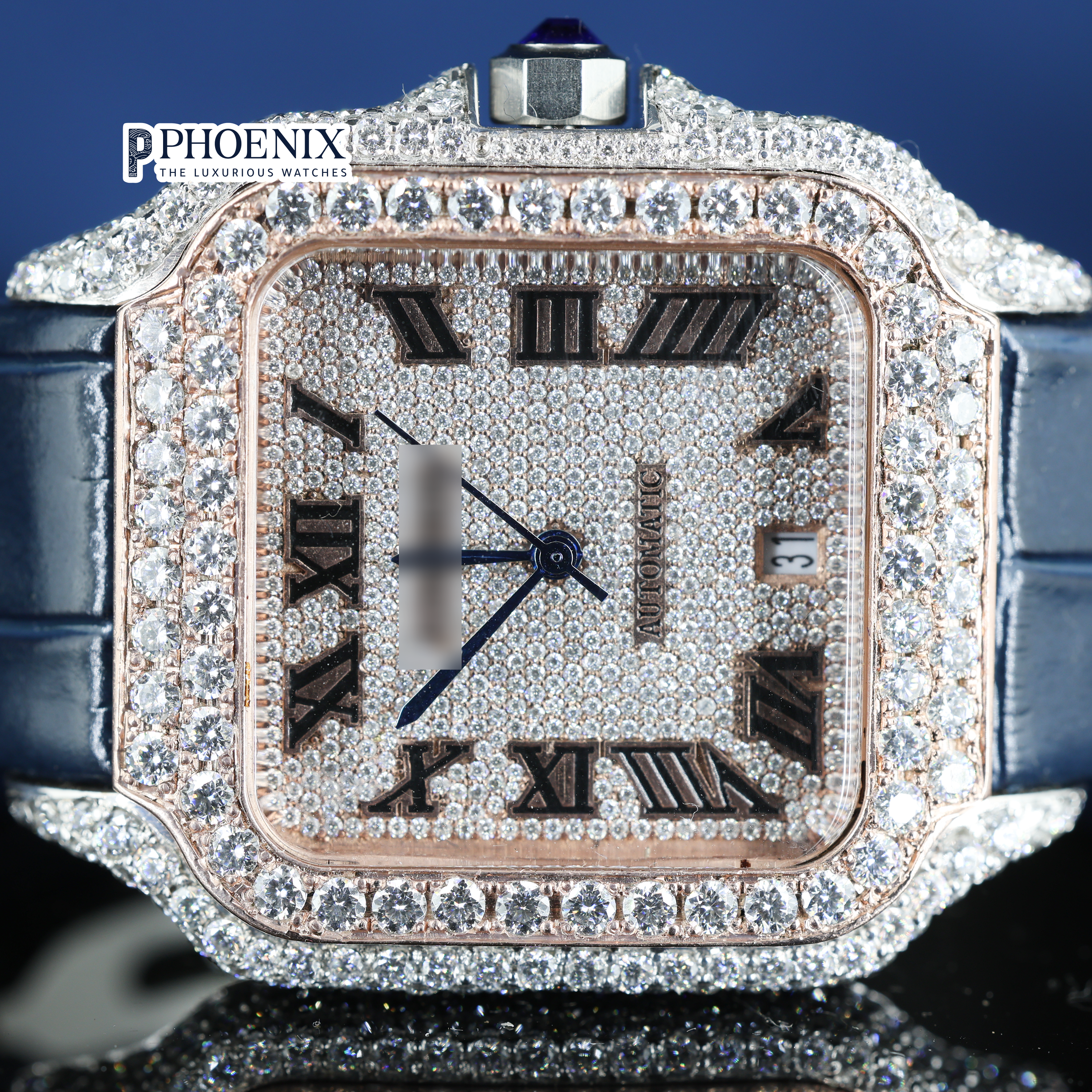 Cartier Semi Iced Out Diamond Roman Dial Rose Gold Mossainite Diamond Watch