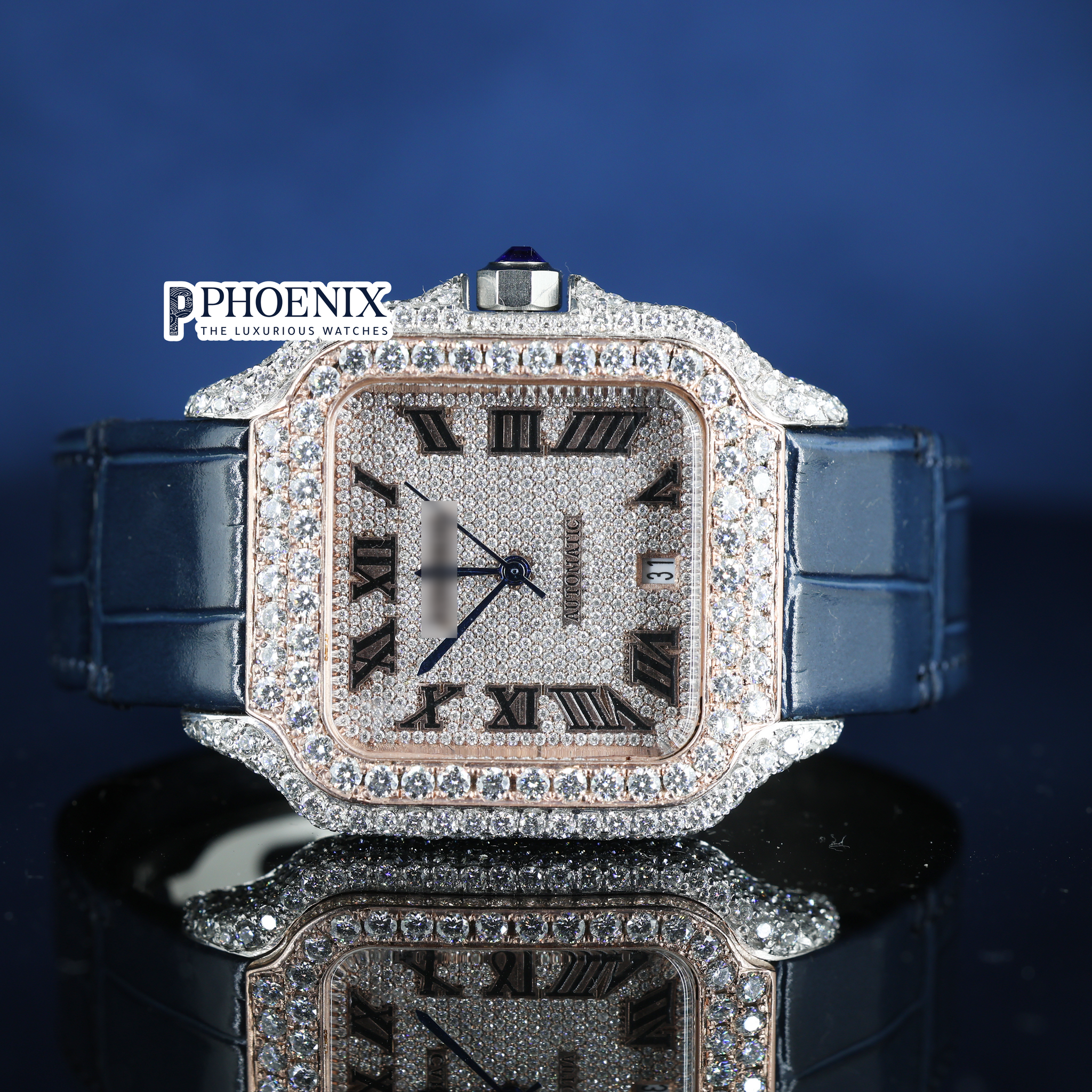 Cartier Semi Iced Out Diamond Roman Dial Rose Gold Mossainite Diamond Watch