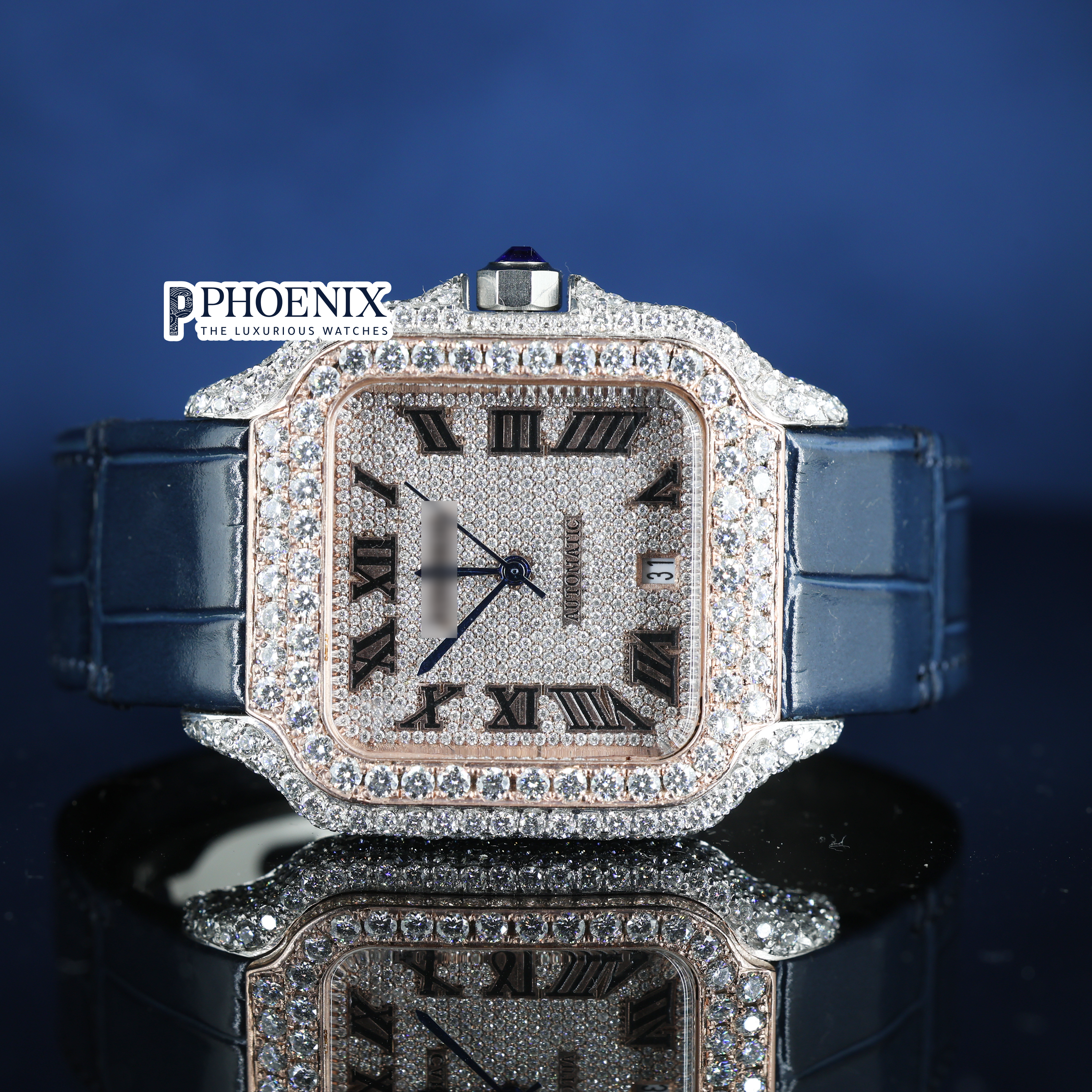 Cartier Semi Iced Out Diamond Roman Dial Rose Gold Mossainite Diamond Watch