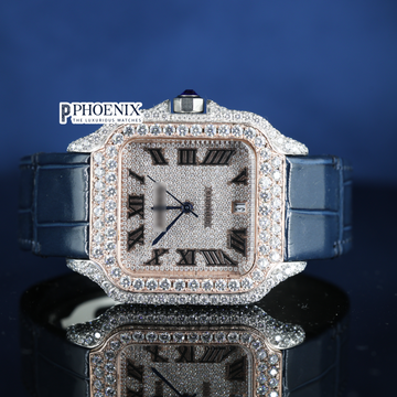 Cartier Semi Iced Out Diamond Roman Dial Rose Gold Mossainite Diamond Watch