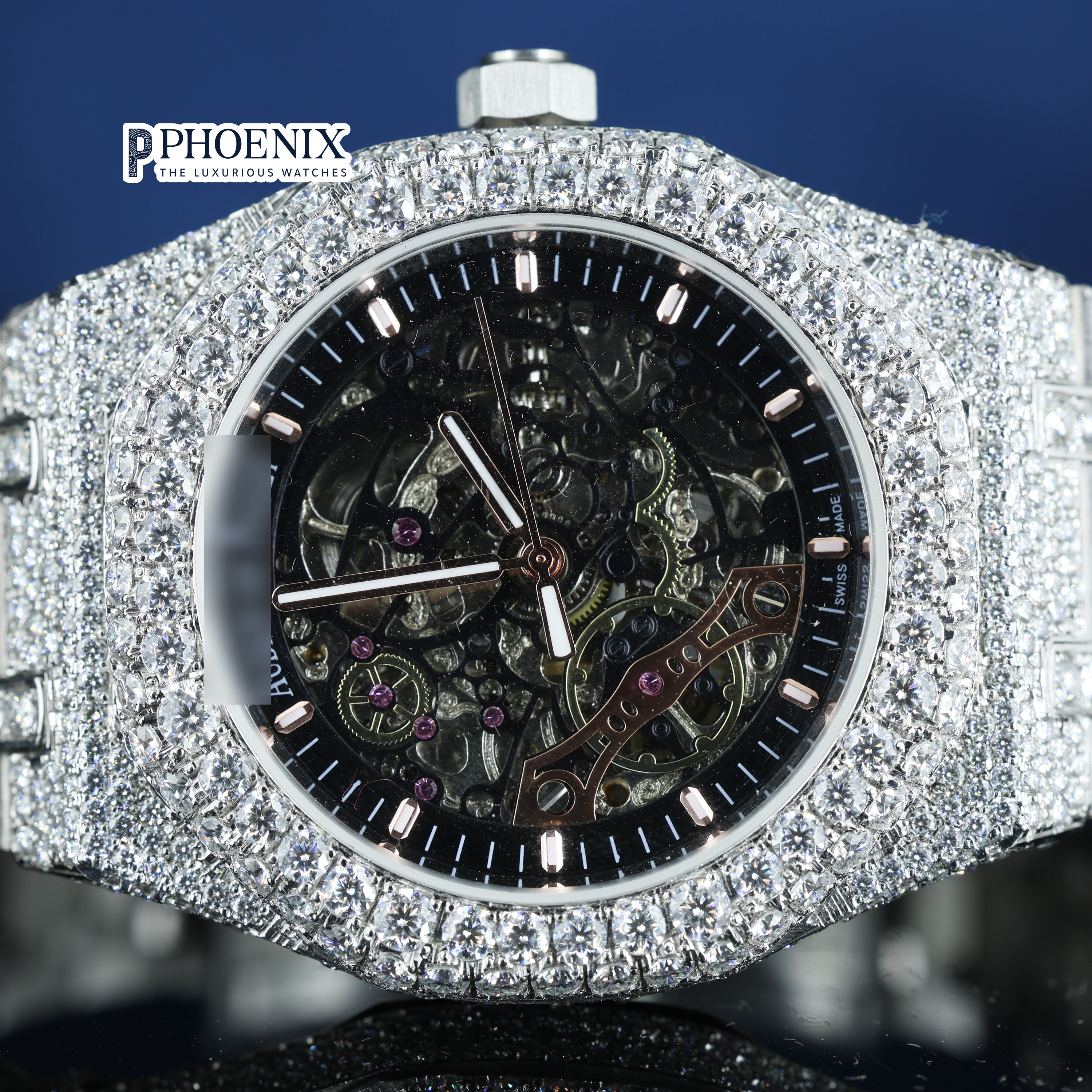 AP Skeleton Black Dial Full Iced Out Mossainite Diamond Watch