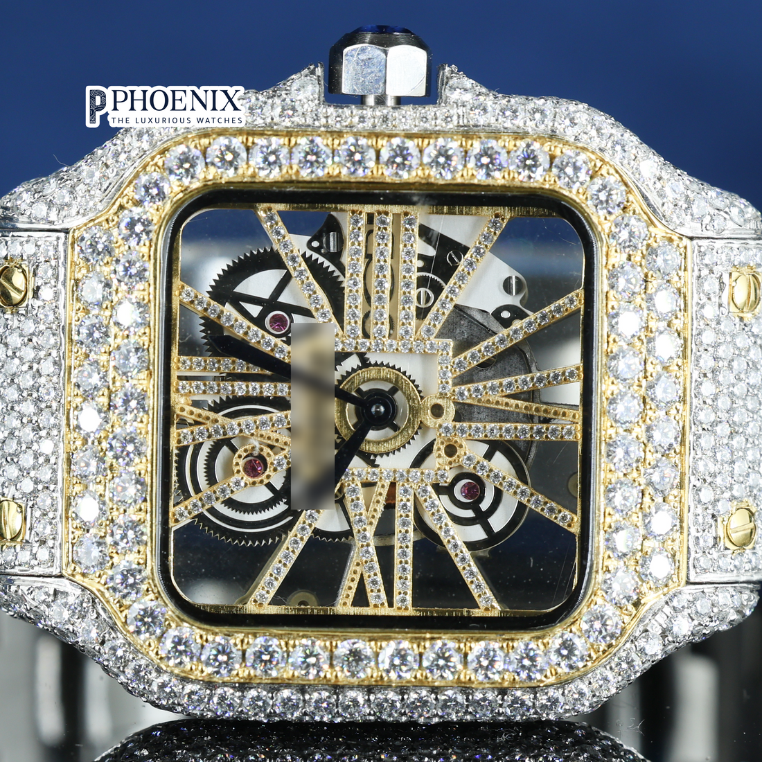 Cartier Santos Fully Iced Out Dual Tone Yellow Gold And White Gold Roman Dial Block Link Strap Moissanite Diamond Watch