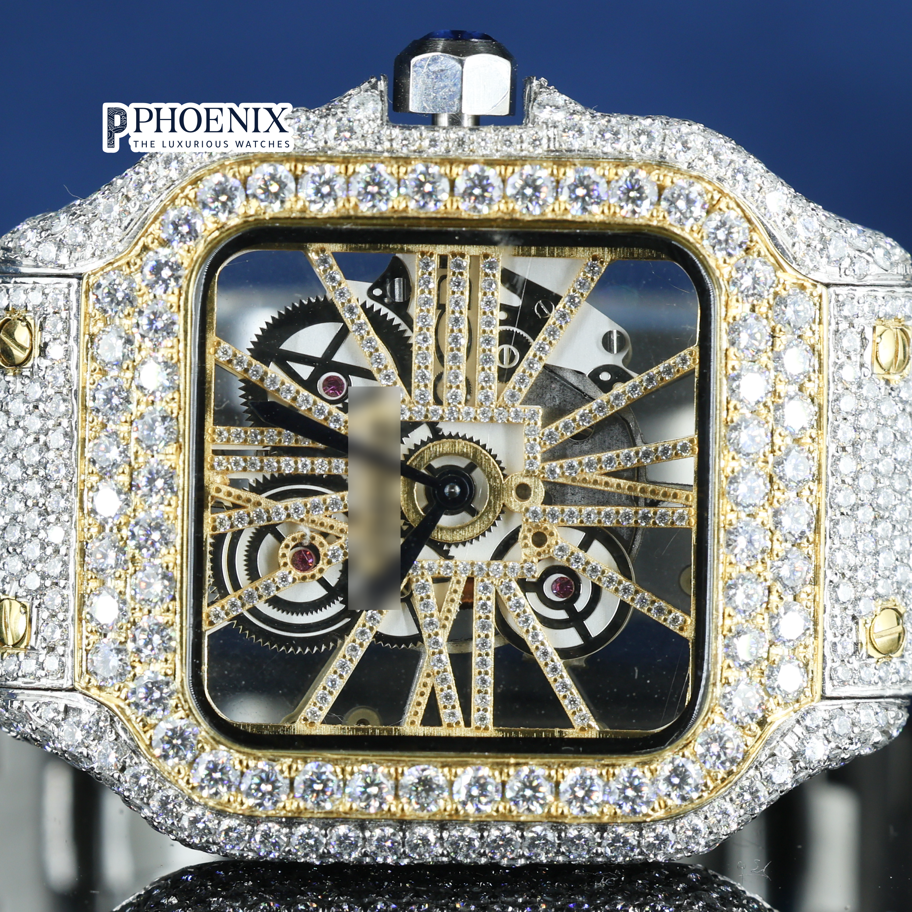 Cartier Santos Fully Iced Out Dual Tone Yellow Gold And White Gold Roman Dial Block Link Strap Moissanite Diamond Watch