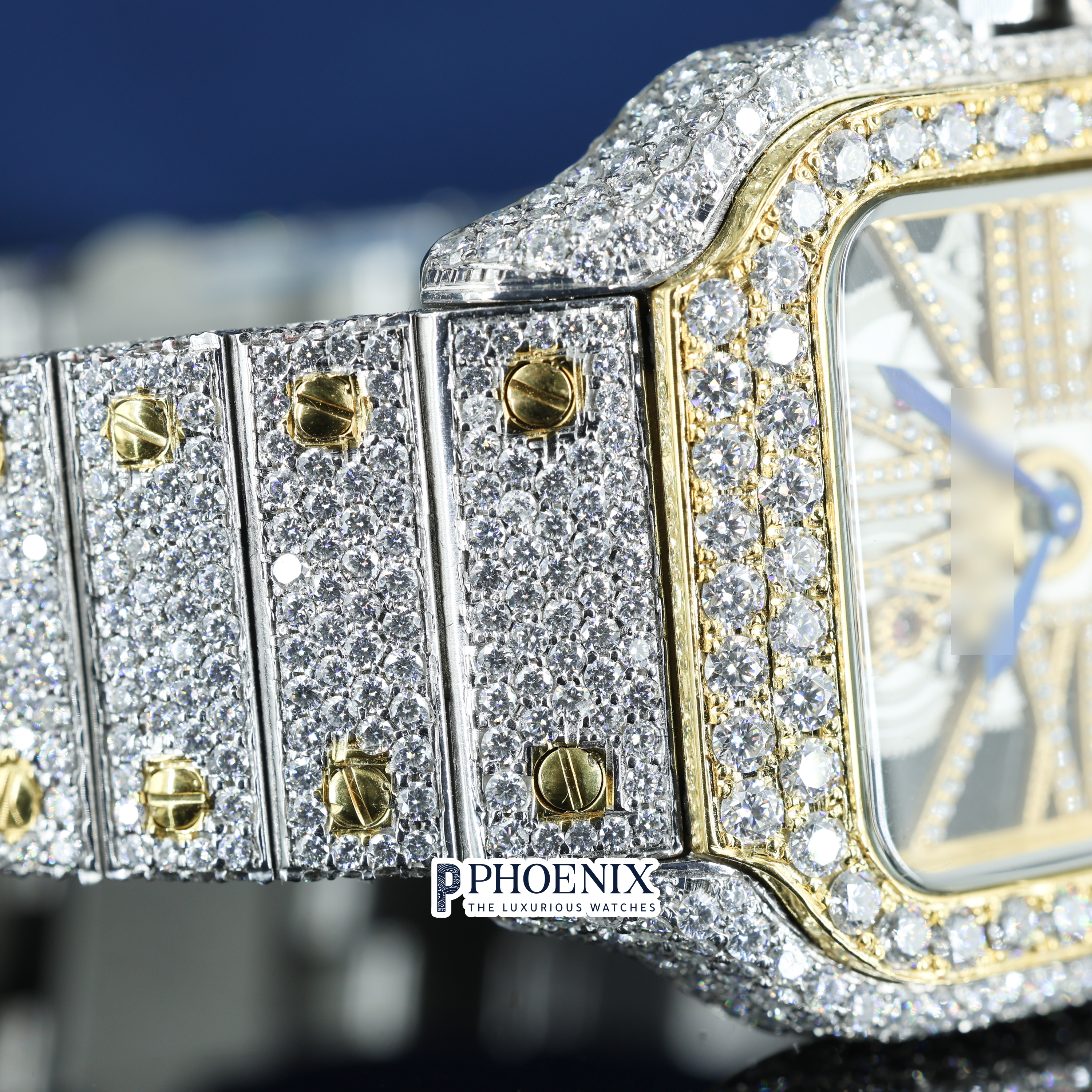 Cartier Santos Fully Iced Out Dual Tone Yellow Gold And White Gold Roman Dial Block Link Strap Moissanite Diamond Watch