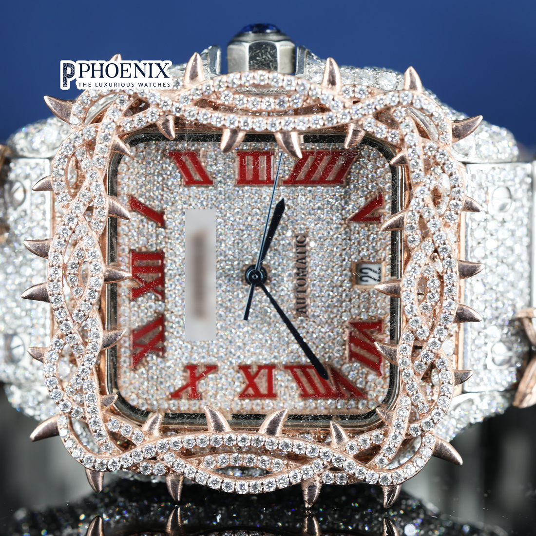 Cartier Fully Iced Out Jesus Thorn Two Tone Rose Gold Roman Numerals Moissanite Diamond Watch