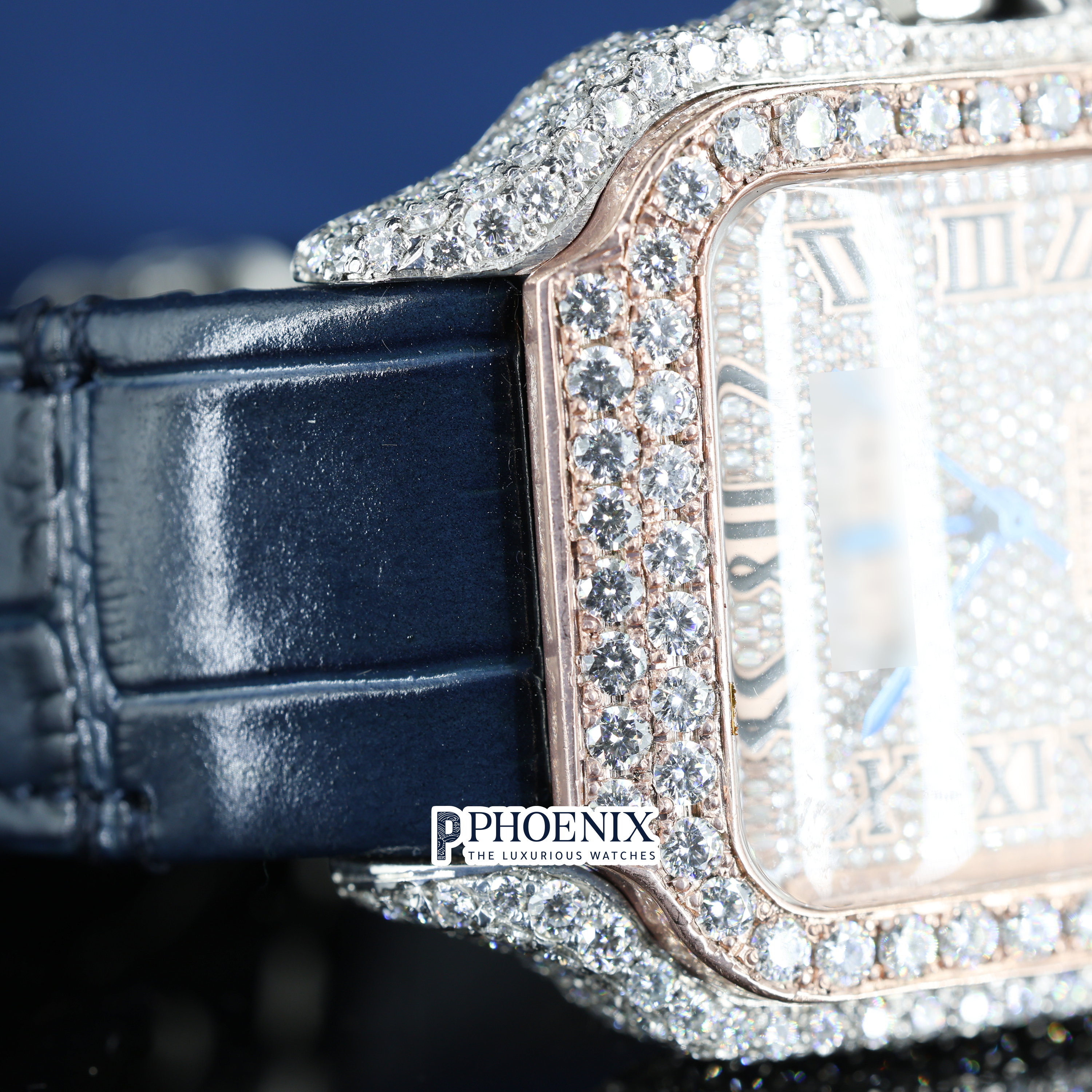 Cartier Semi Iced Out Diamond Roman Dial Rose Gold Mossainite Diamond Watch