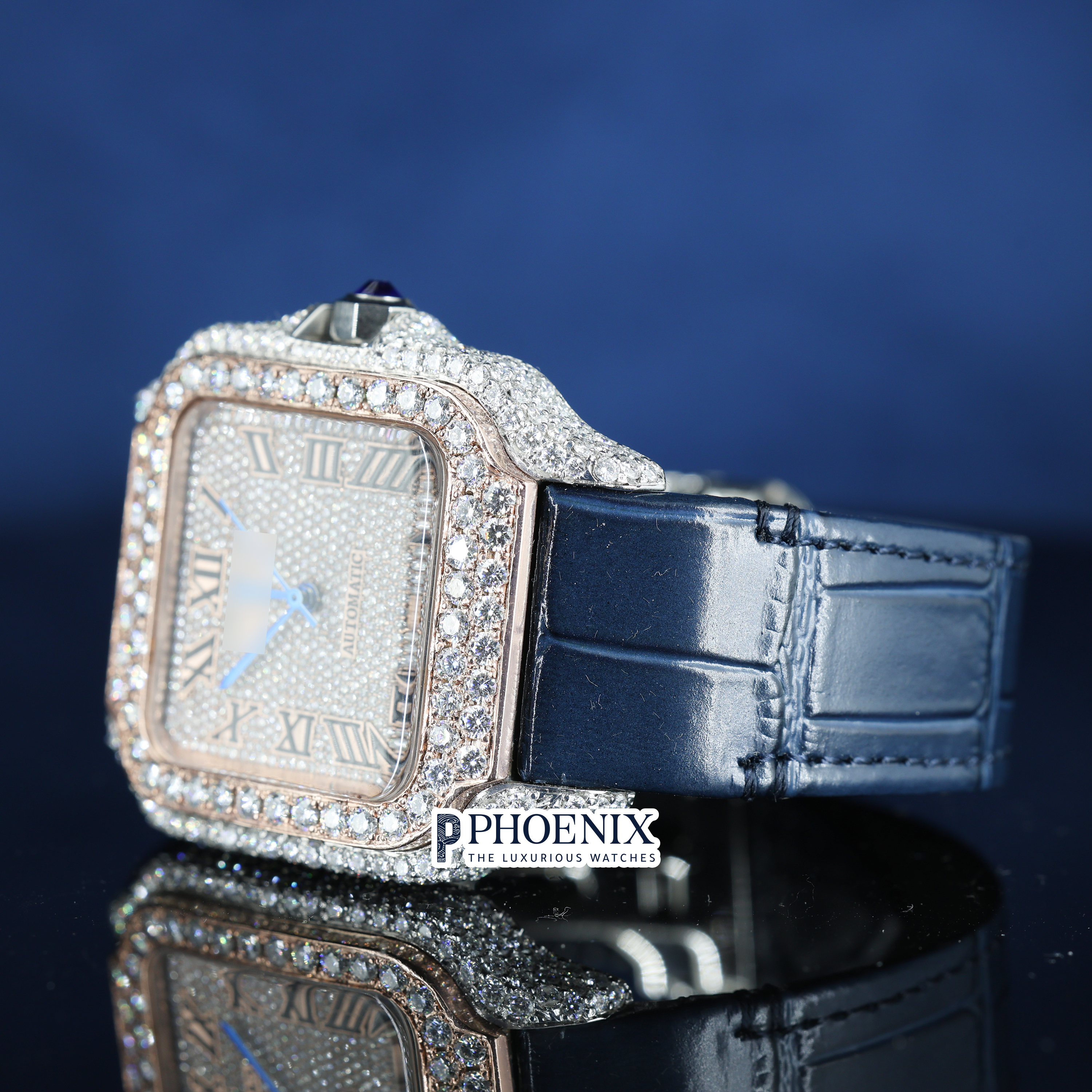 Cartier Semi Iced Out Diamond Roman Dial Rose Gold Mossainite Diamond Watch
