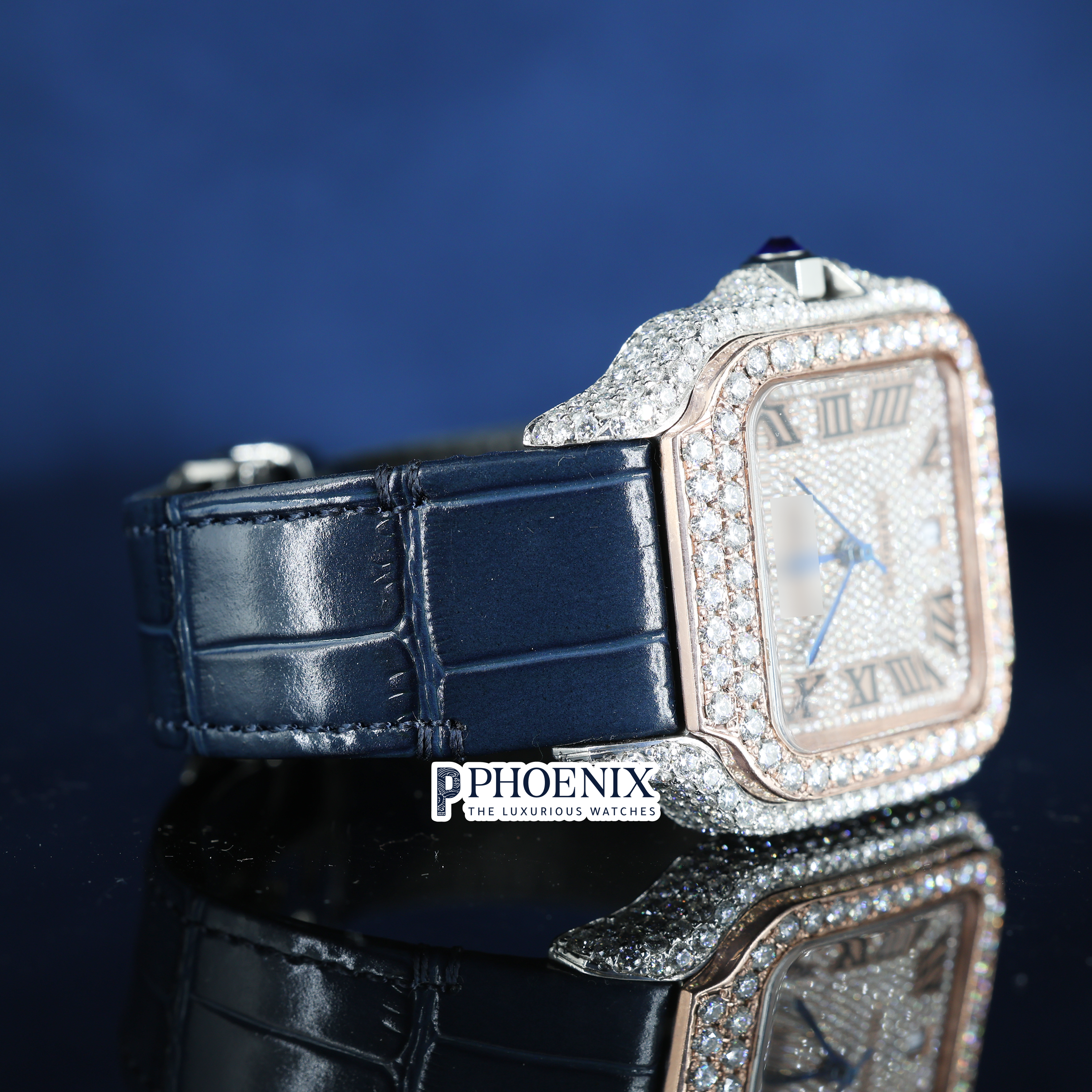 Cartier Semi Iced Out Diamond Roman Dial Rose Gold Mossainite Diamond Watch