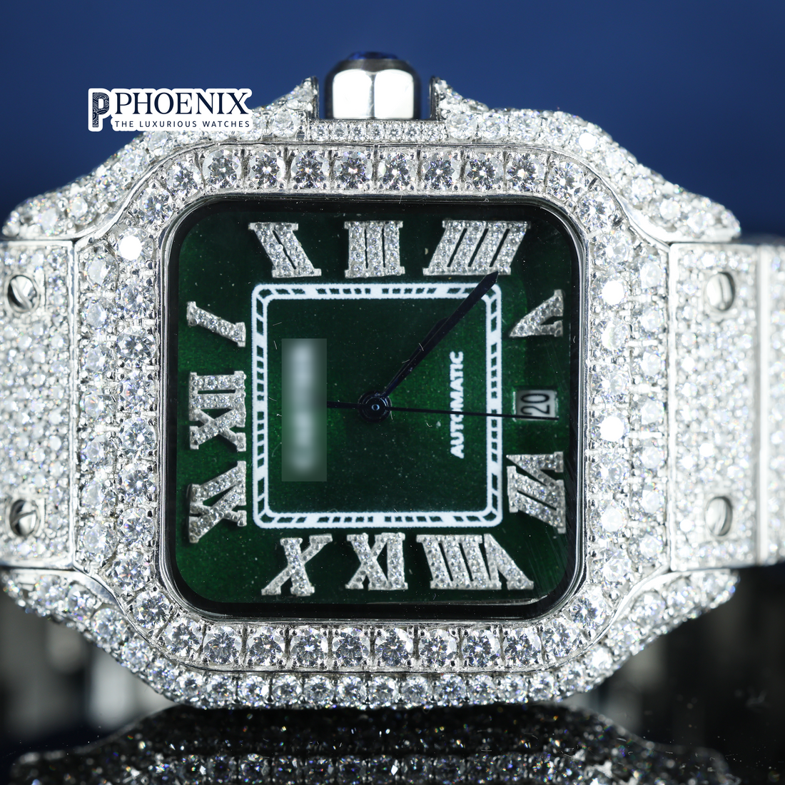 Cartier Fully Iced Out Green Dial White Roman Numerals Full Iced Out Moissanite Watch