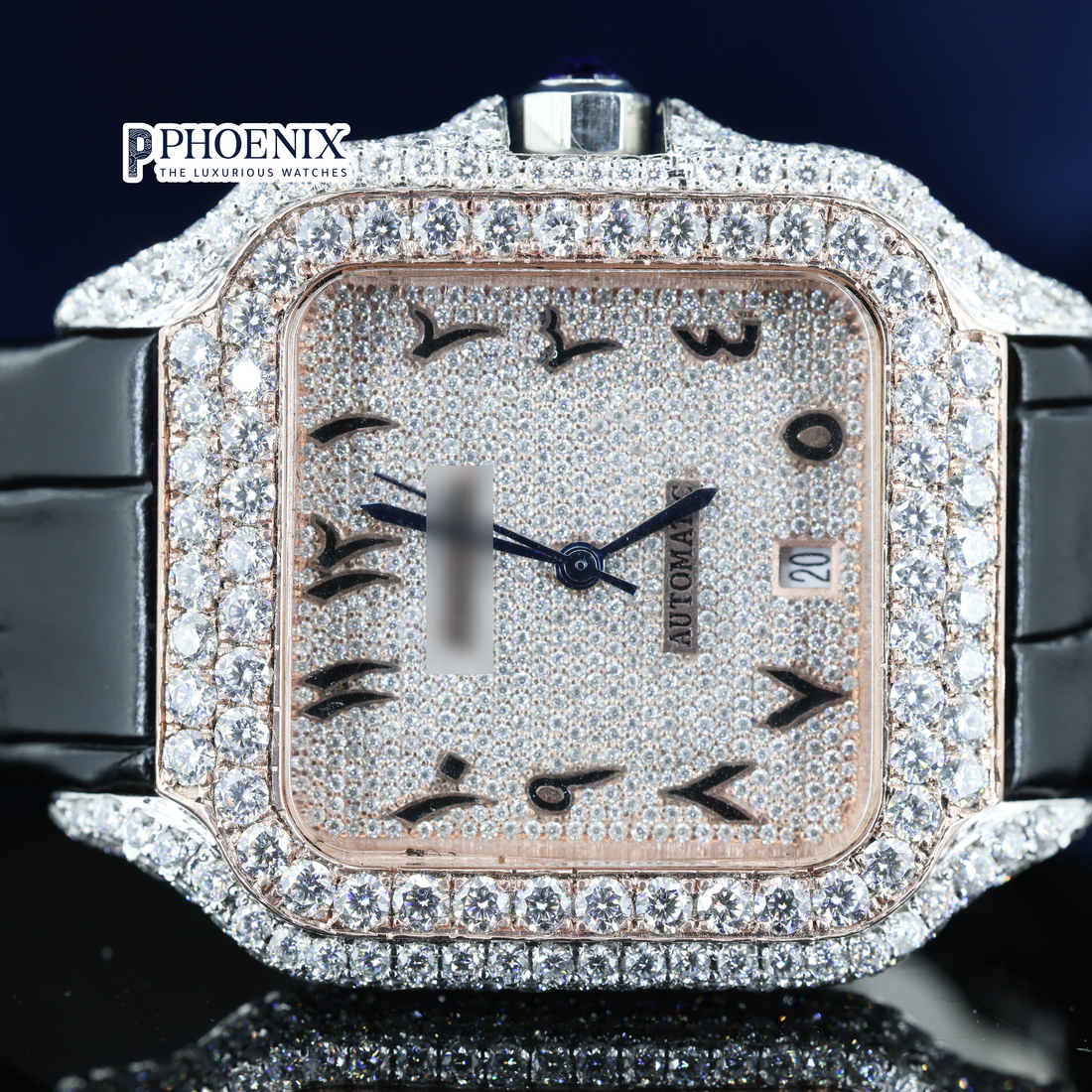 Cartier Semi Iced Out Diamond Arabic Dial Rose Gold Mossainite Diamond Watch