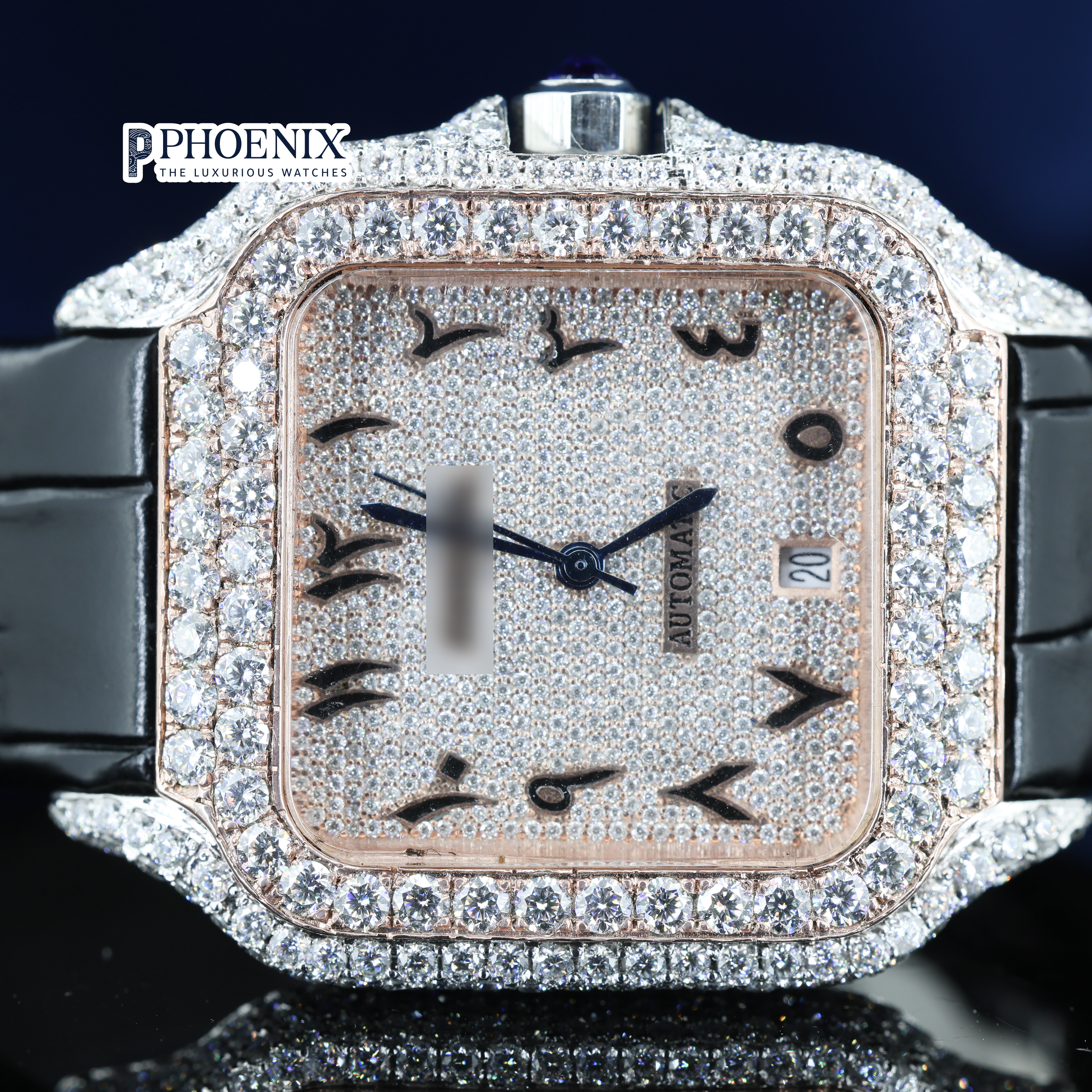 Cartier Semi Iced Out Diamond Arabic Dial Rose Gold Mossainite Diamond Watch