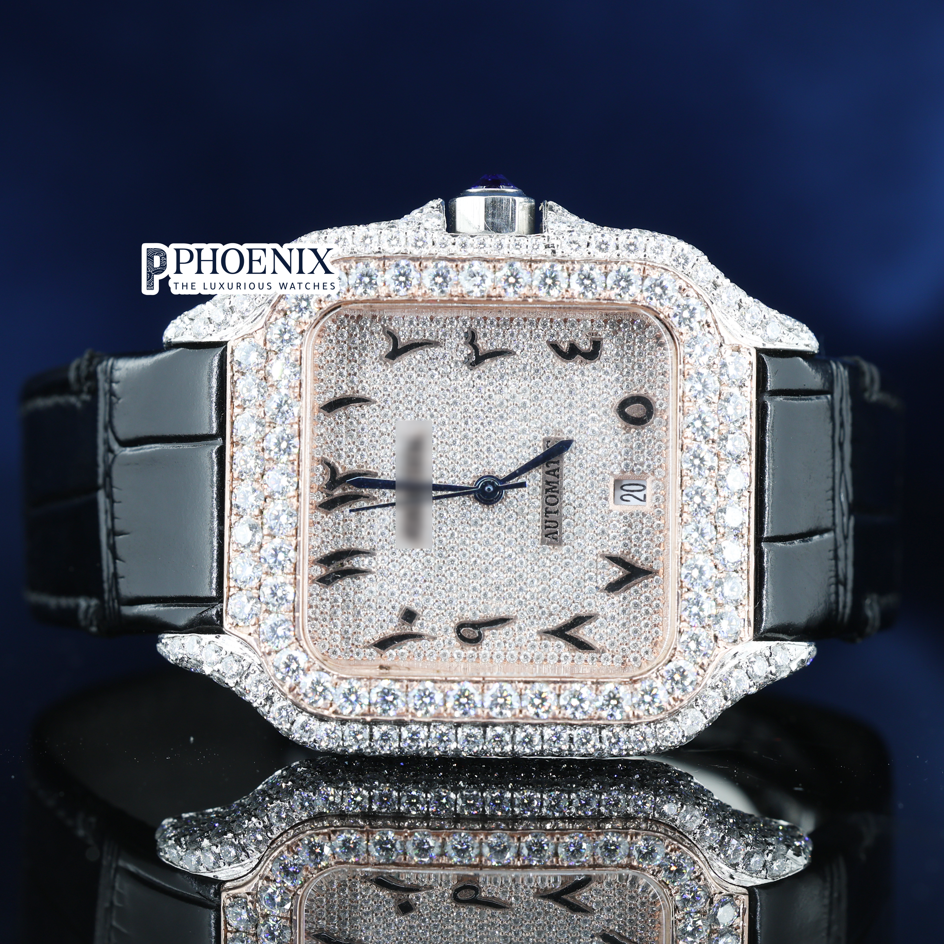 Cartier Semi Iced Out Diamond Arabic Dial Rose Gold Mossainite Diamond Watch
