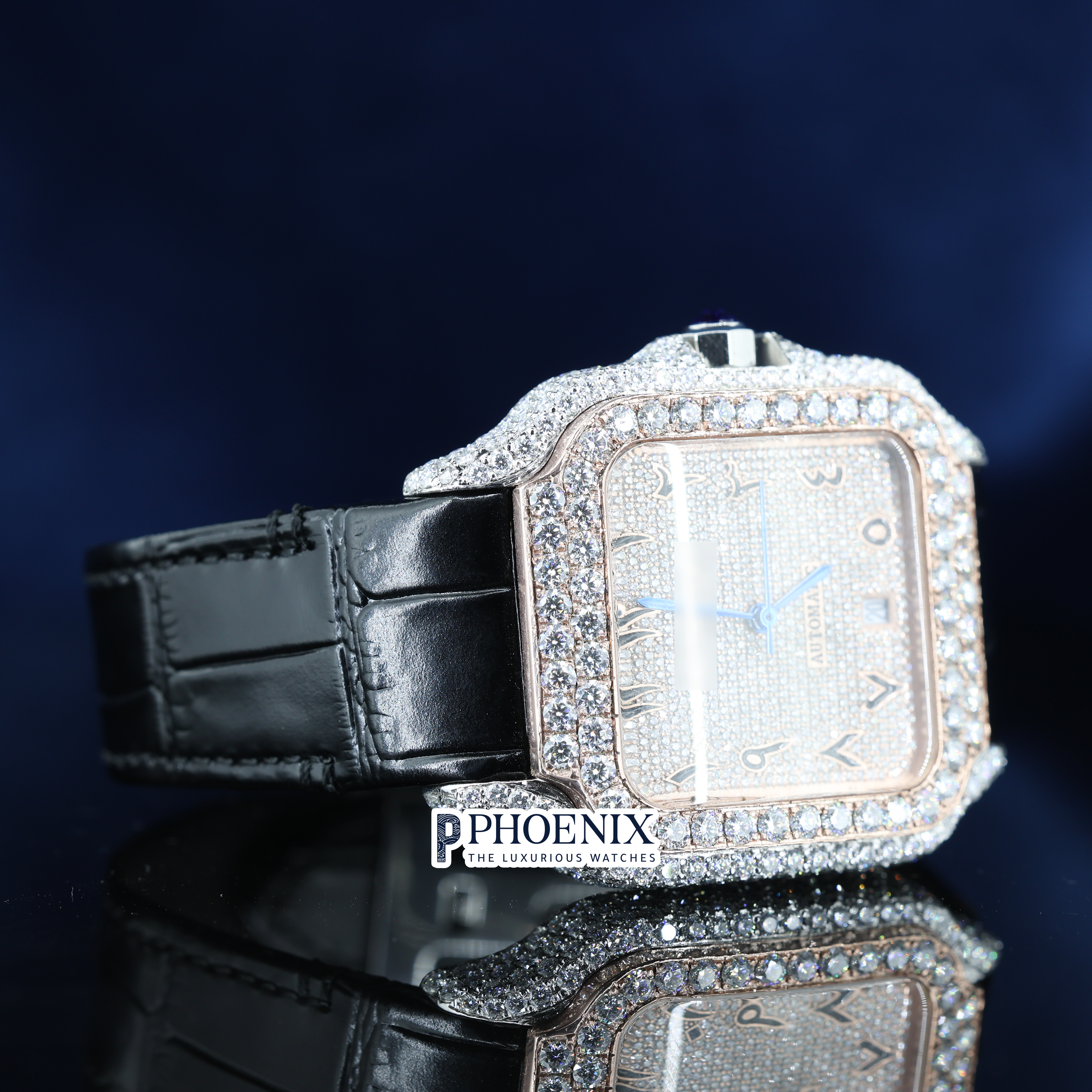 Cartier Semi Iced Out Diamond Arabic Dial Rose Gold Mossainite Diamond Watch