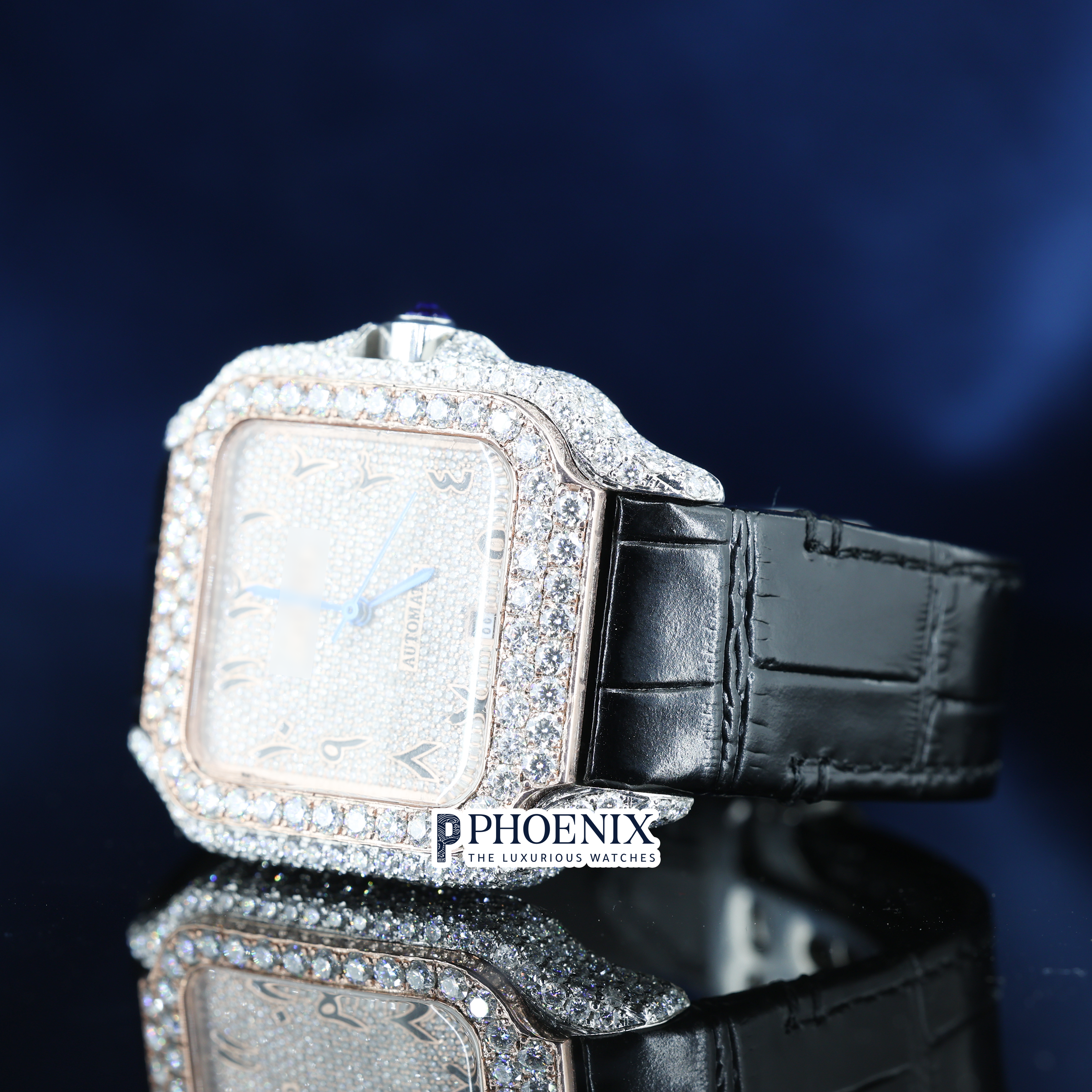 Cartier Semi Iced Out Diamond Arabic Dial Rose Gold Mossainite Diamond Watch