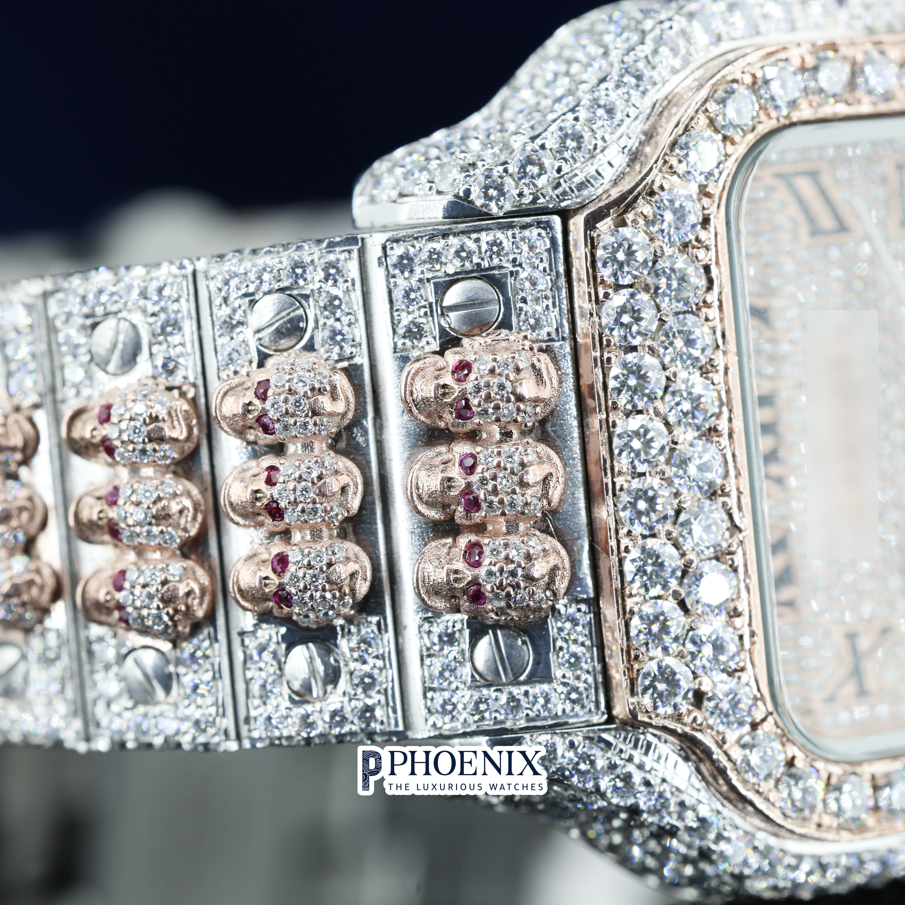 Cartier Santos Black Roman Numerals Dial Two Tone Block Link Strap Moissanite Watch