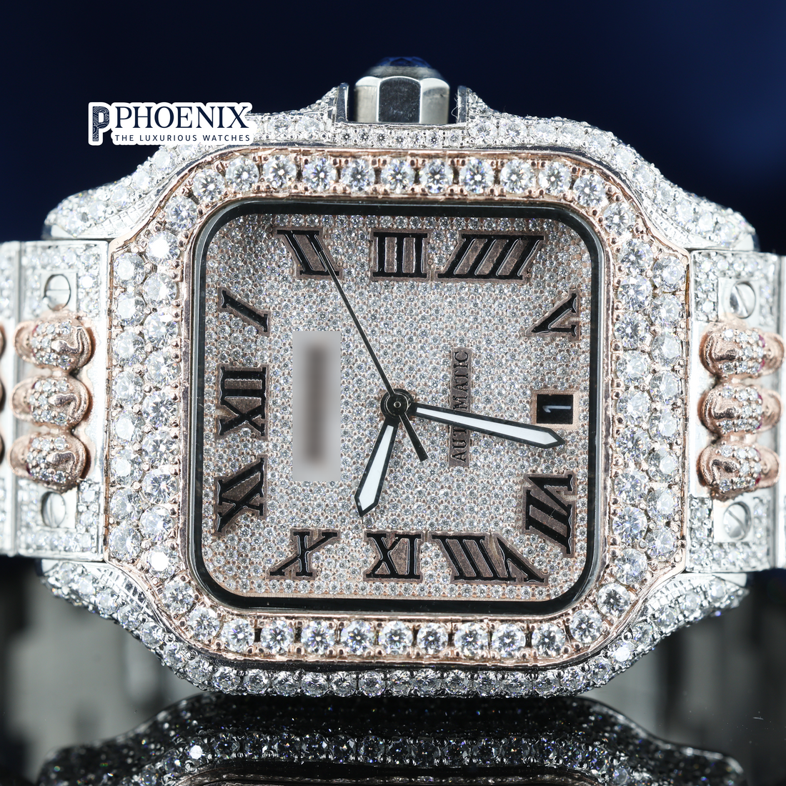 Cartier Santos Black Roman Numerals Dial Two Tone Block Link Strap Moissanite Watch