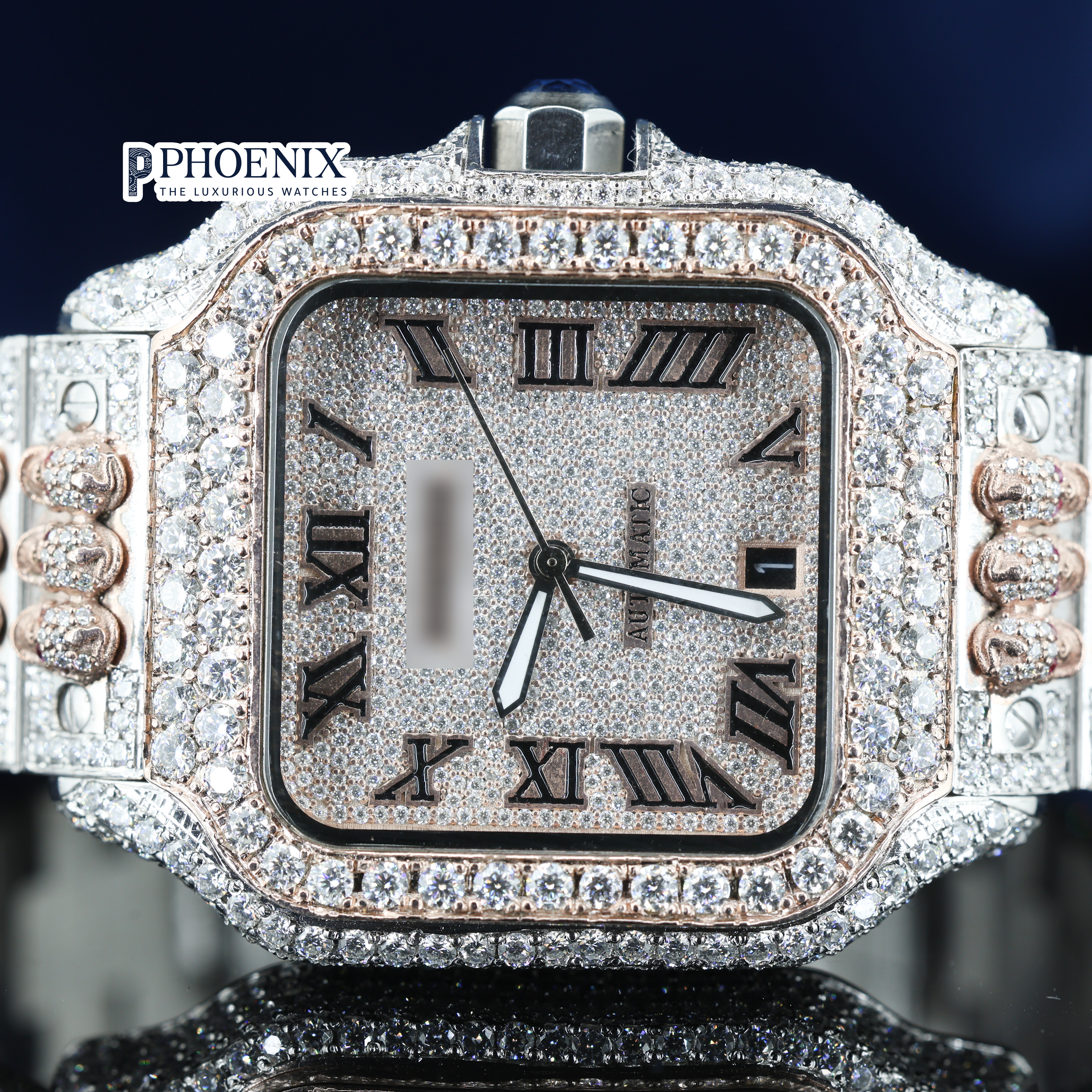 Cartier Santos Black Roman Numerals Dial Two Tone Block Link Strap Moissanite Watch