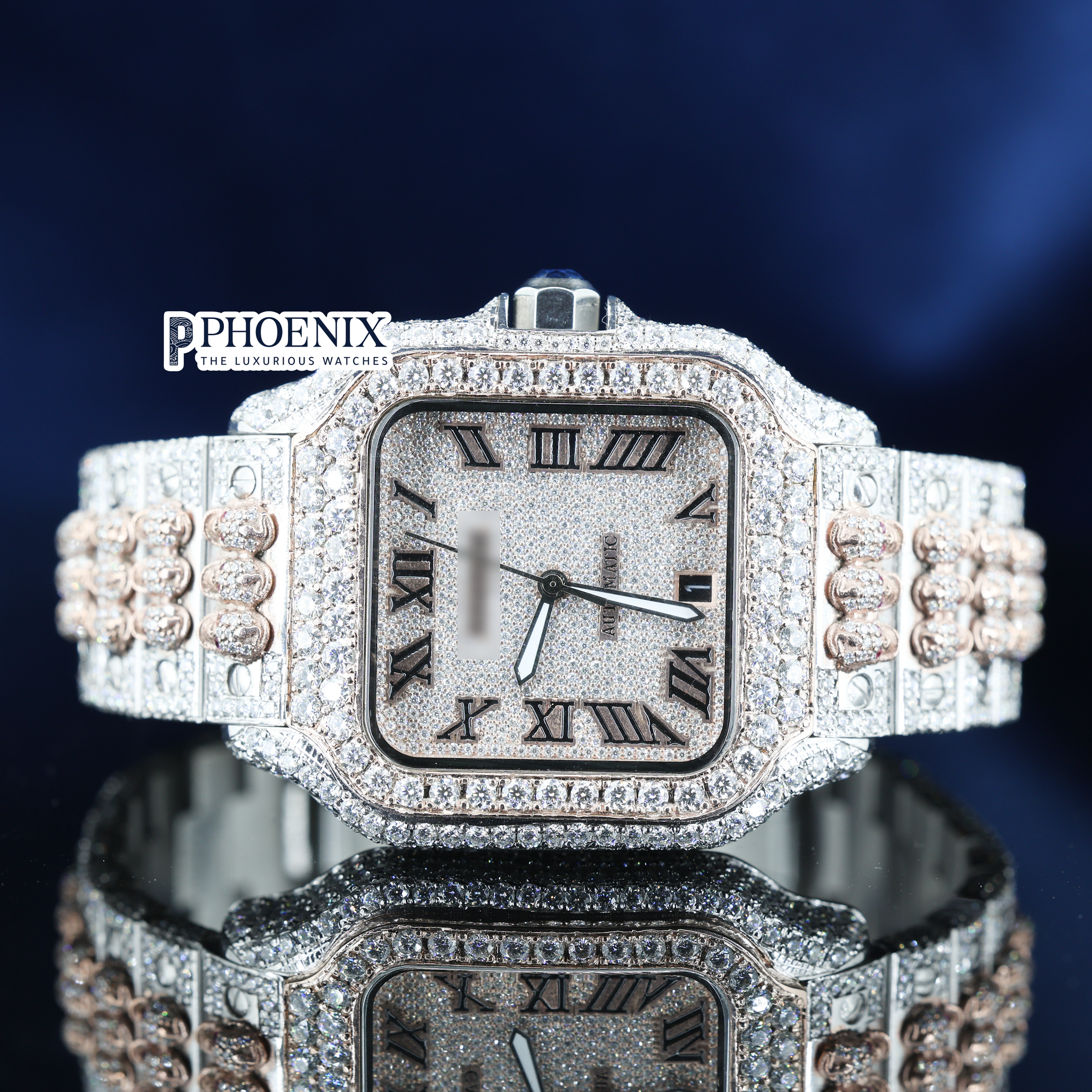 Cartier Santos Black Roman Numerals Dial Two Tone Block Link Strap Moissanite Watch