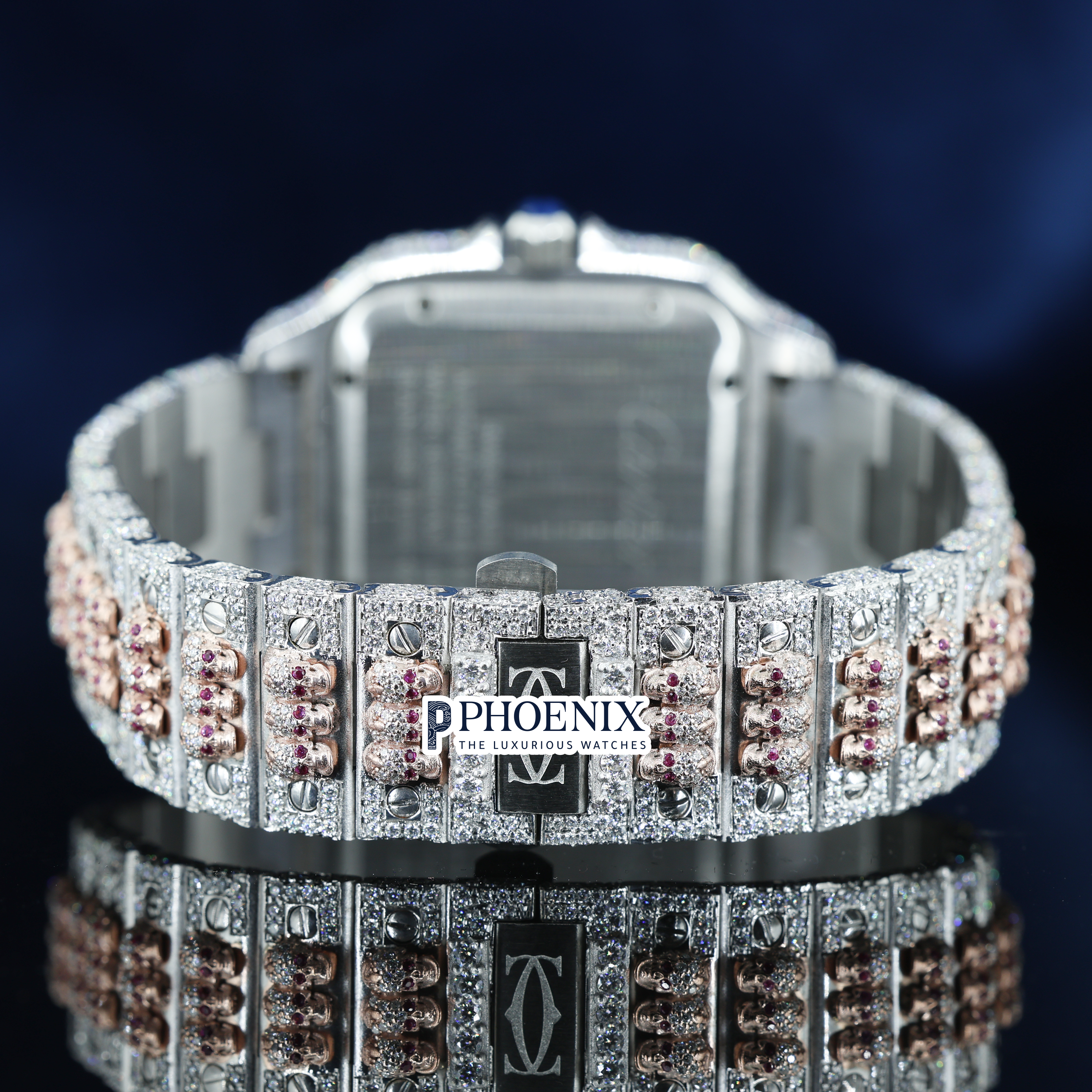 Cartier Santos Black Roman Numerals Dial Two Tone Block Link Strap Moissanite Watch