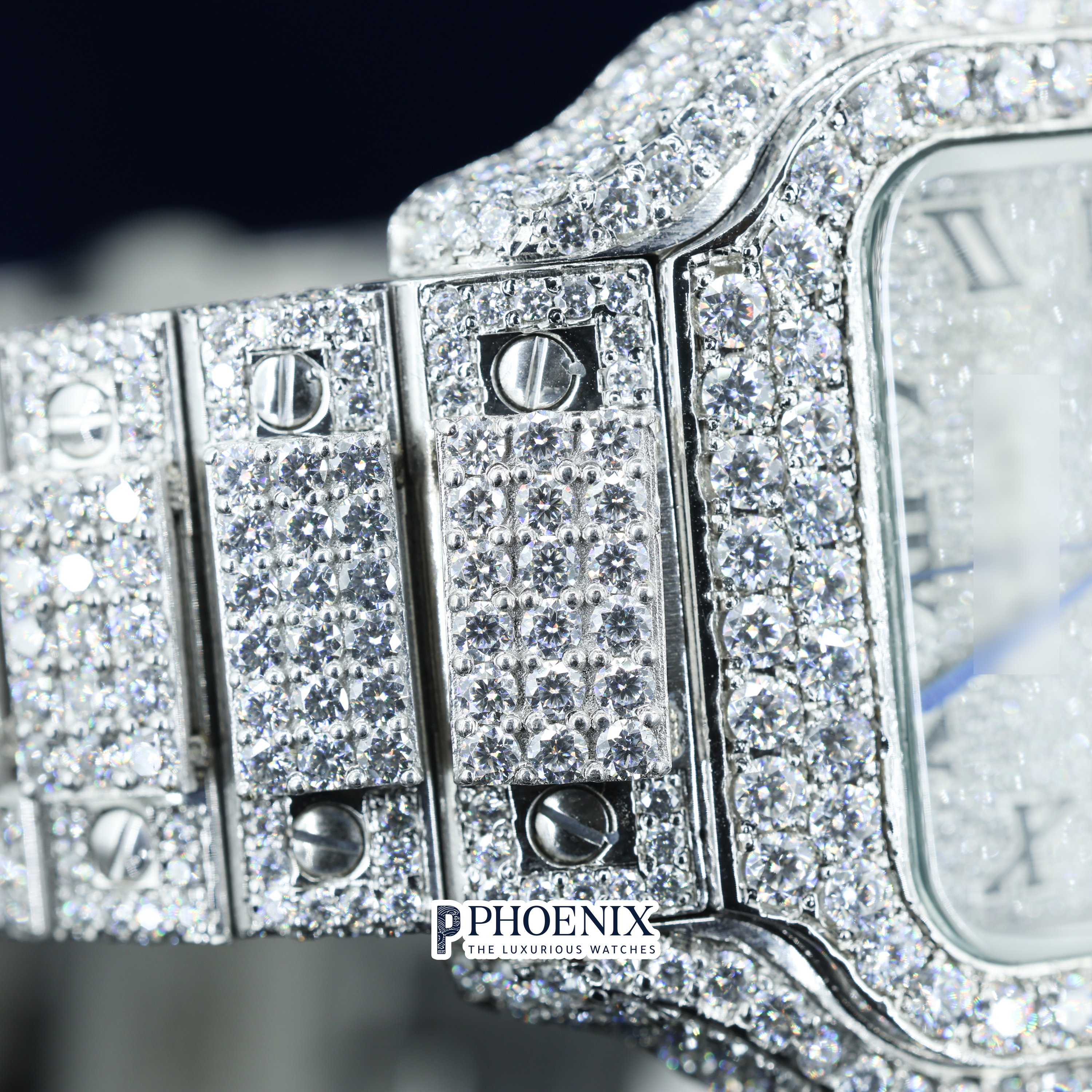Cartier Santos Fully Iced Out White Roman Dial Block Link Strap Moissanite Diamond Watch