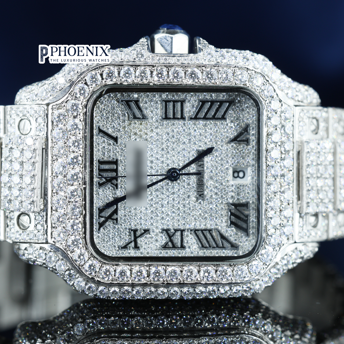 Cartier Santos Fully Iced Out White Roman Dial Block Link Strap Moissanite Diamond Watch