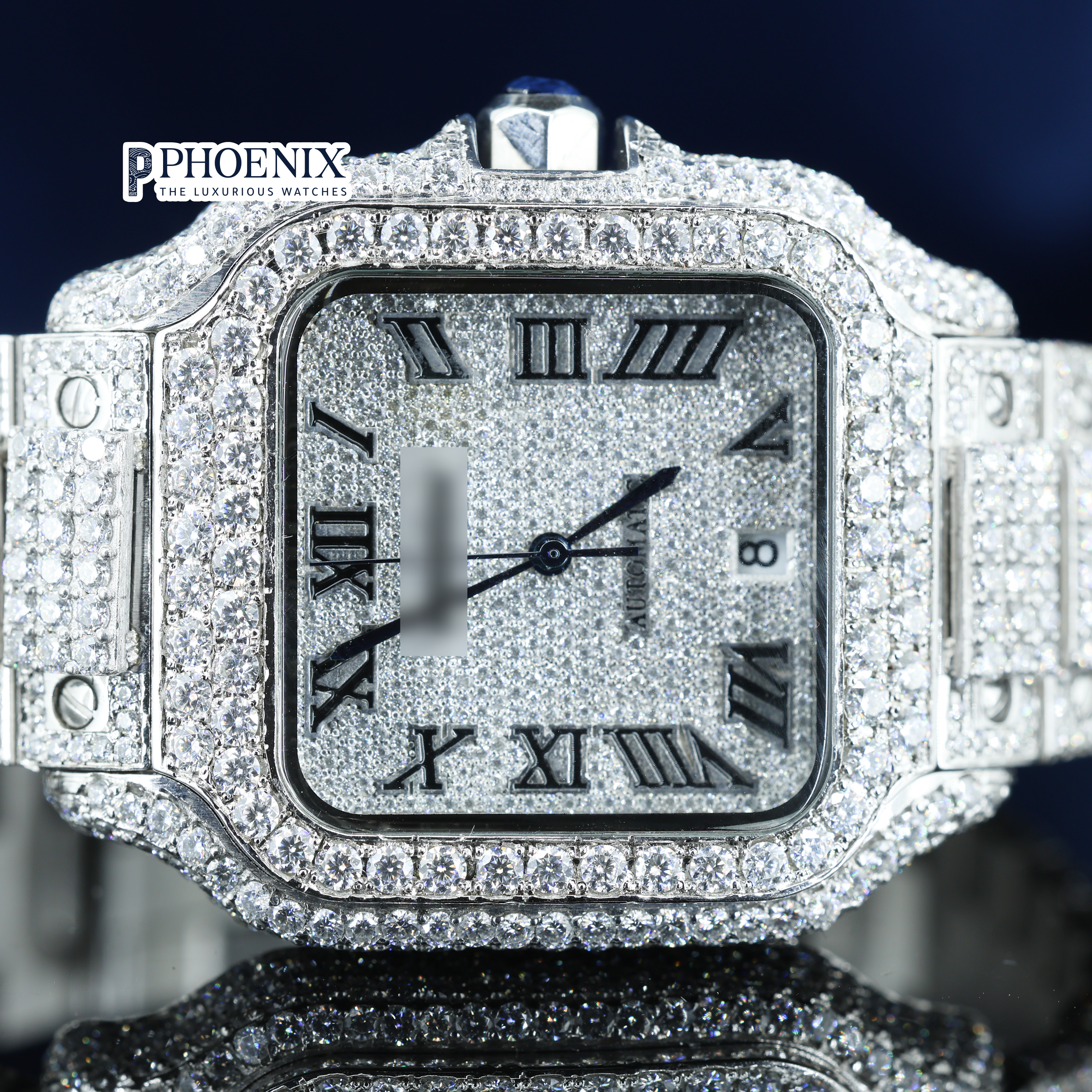 Cartier Santos Fully Iced Out White Roman Dial Block Link Strap Moissanite Diamond Watch