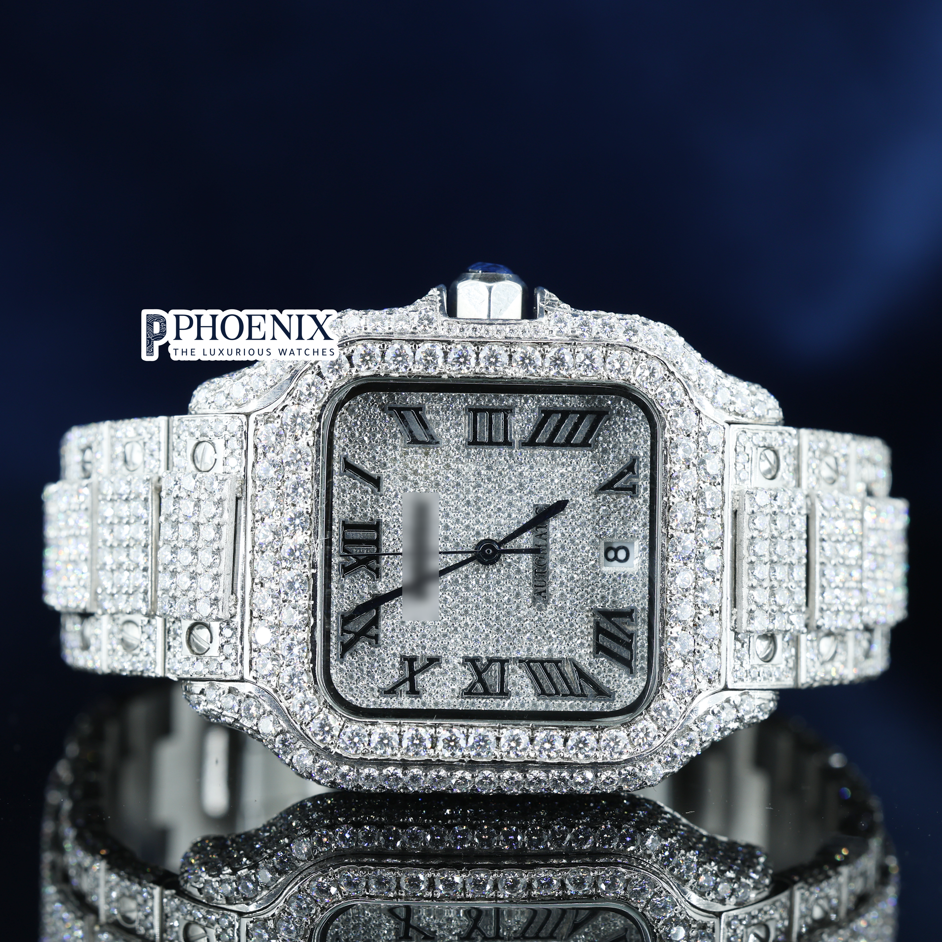 Cartier Santos Fully Iced Out White Roman Dial Block Link Strap Moissanite Diamond Watch
