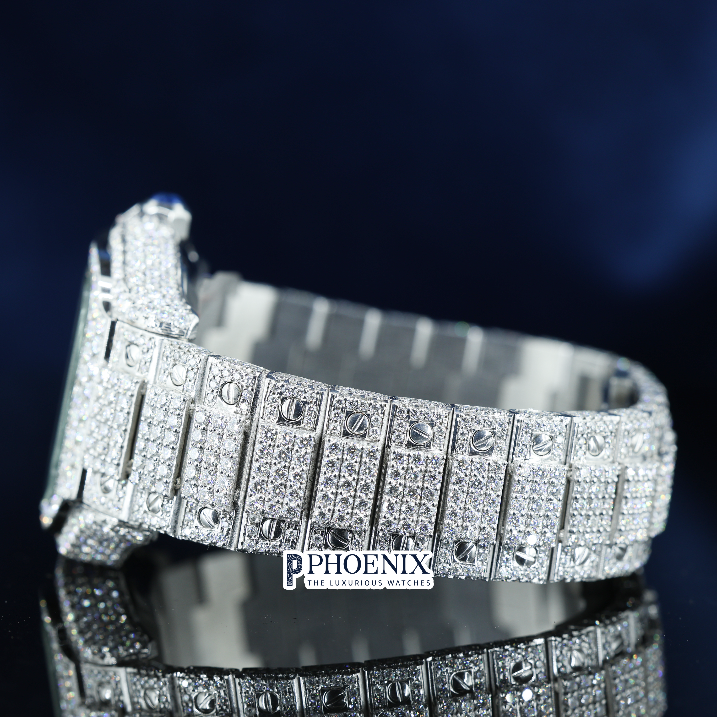 Cartier Santos Fully Iced Out White Roman Dial Block Link Strap Moissanite Diamond Watch